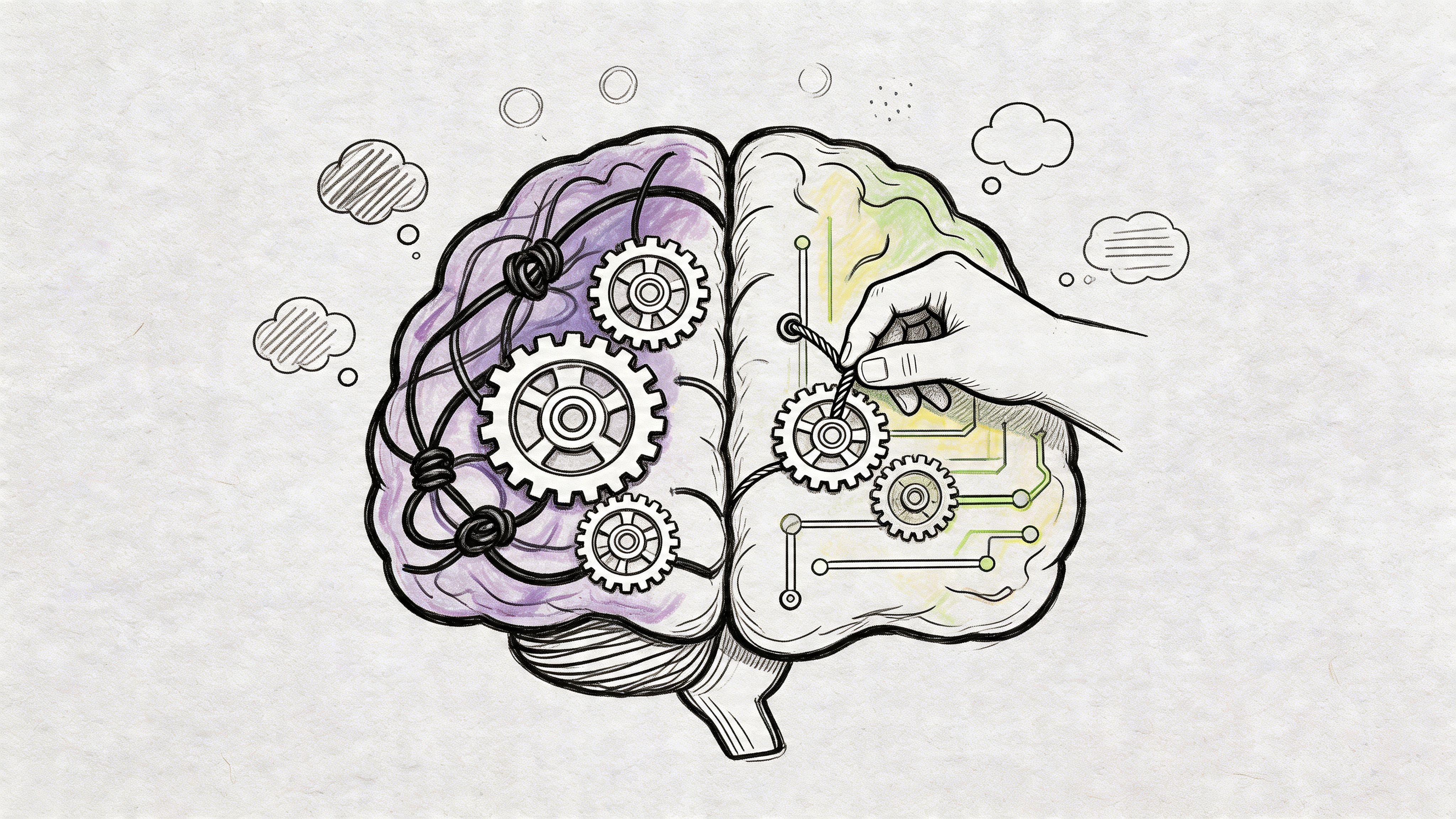 Split-brain illustration with gears and circuitry representing emotional and logical processing before saying no to friends