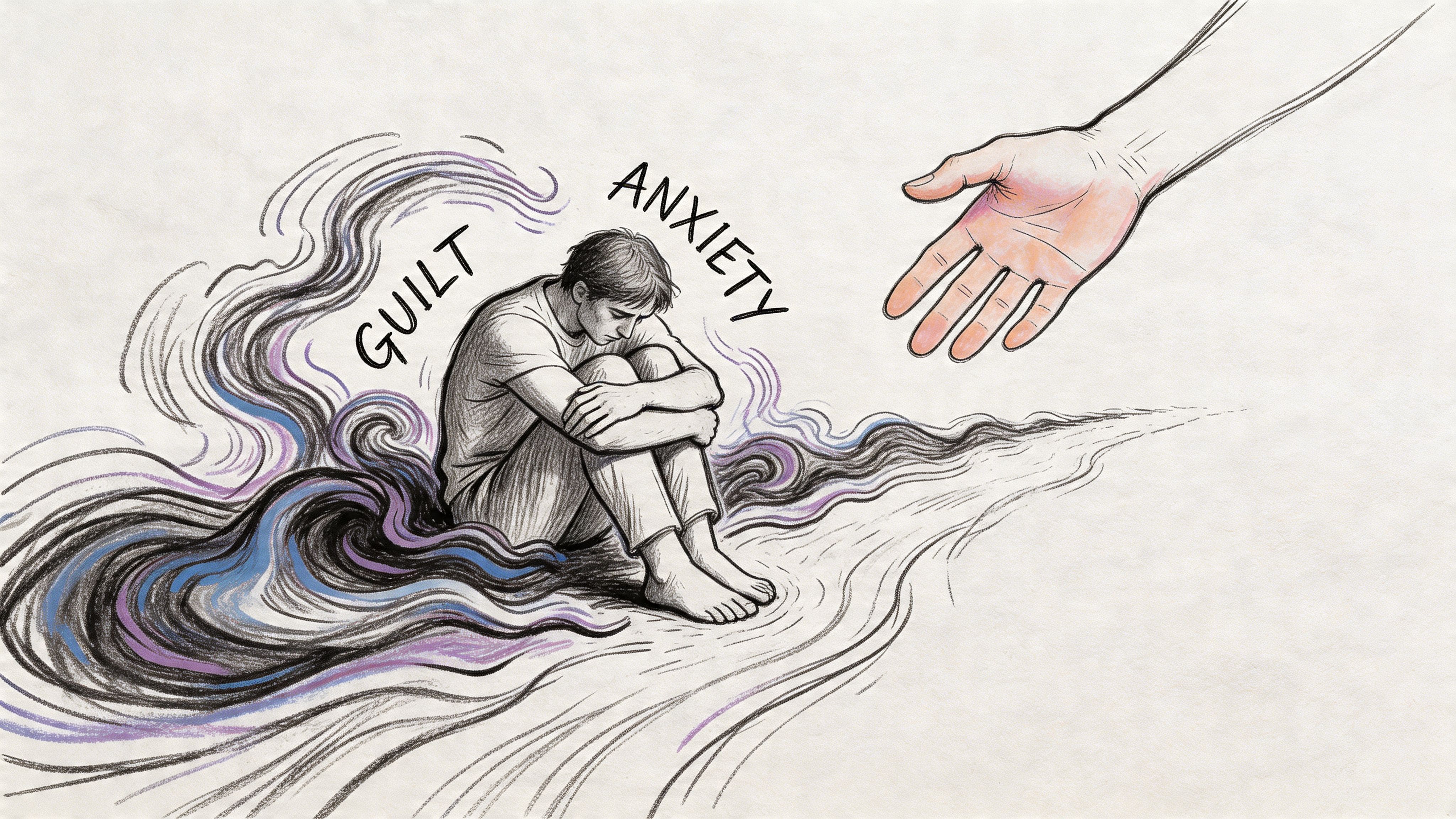 Person curled up amid dark swirling clouds suggesting guilt after declining a friend, reaching toward support