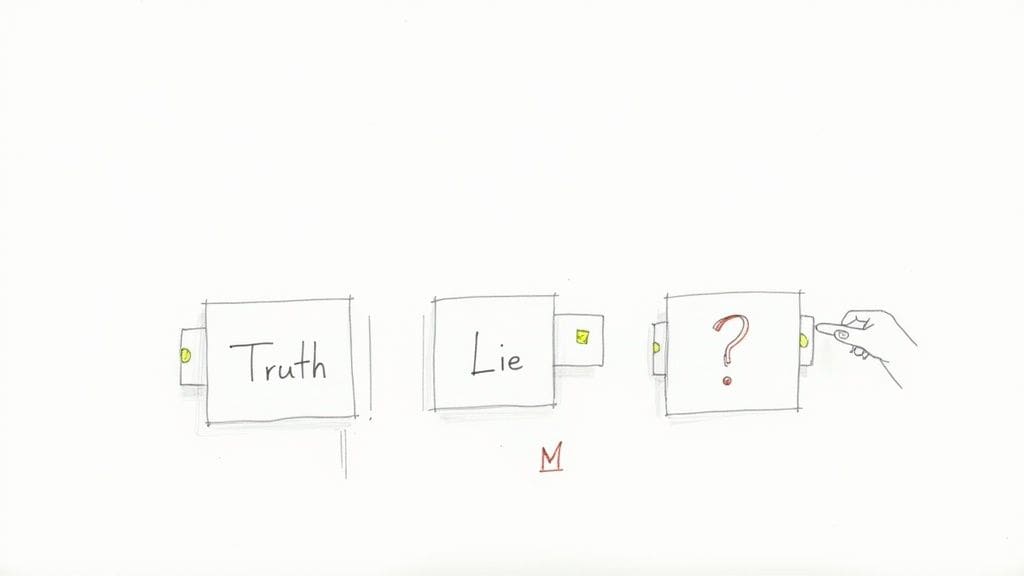 Two people playing two truths and a lie game with thought bubbles showing different facts about themselves