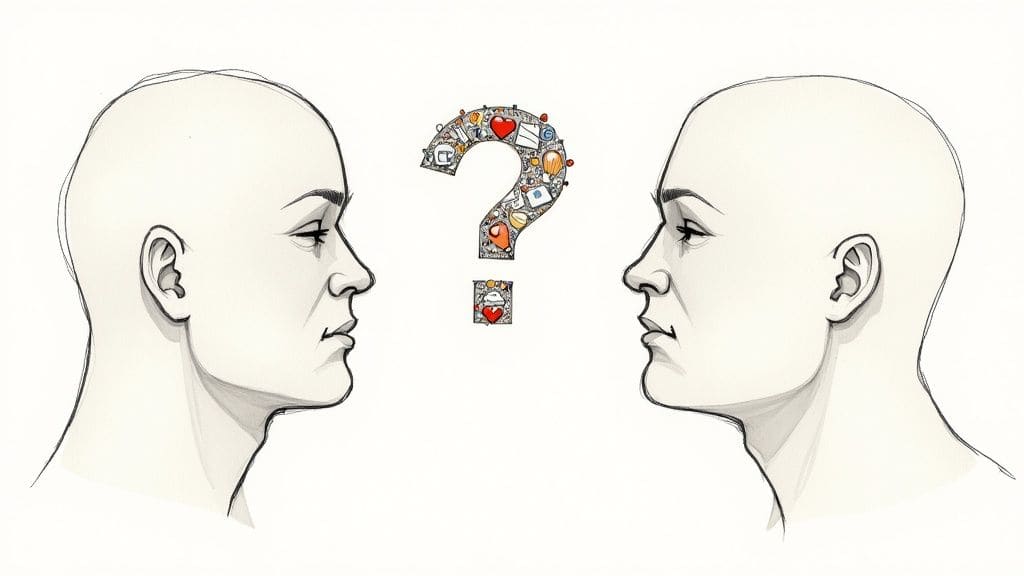 Person asking thoughtful questions with speech bubbles showing open-ended questions