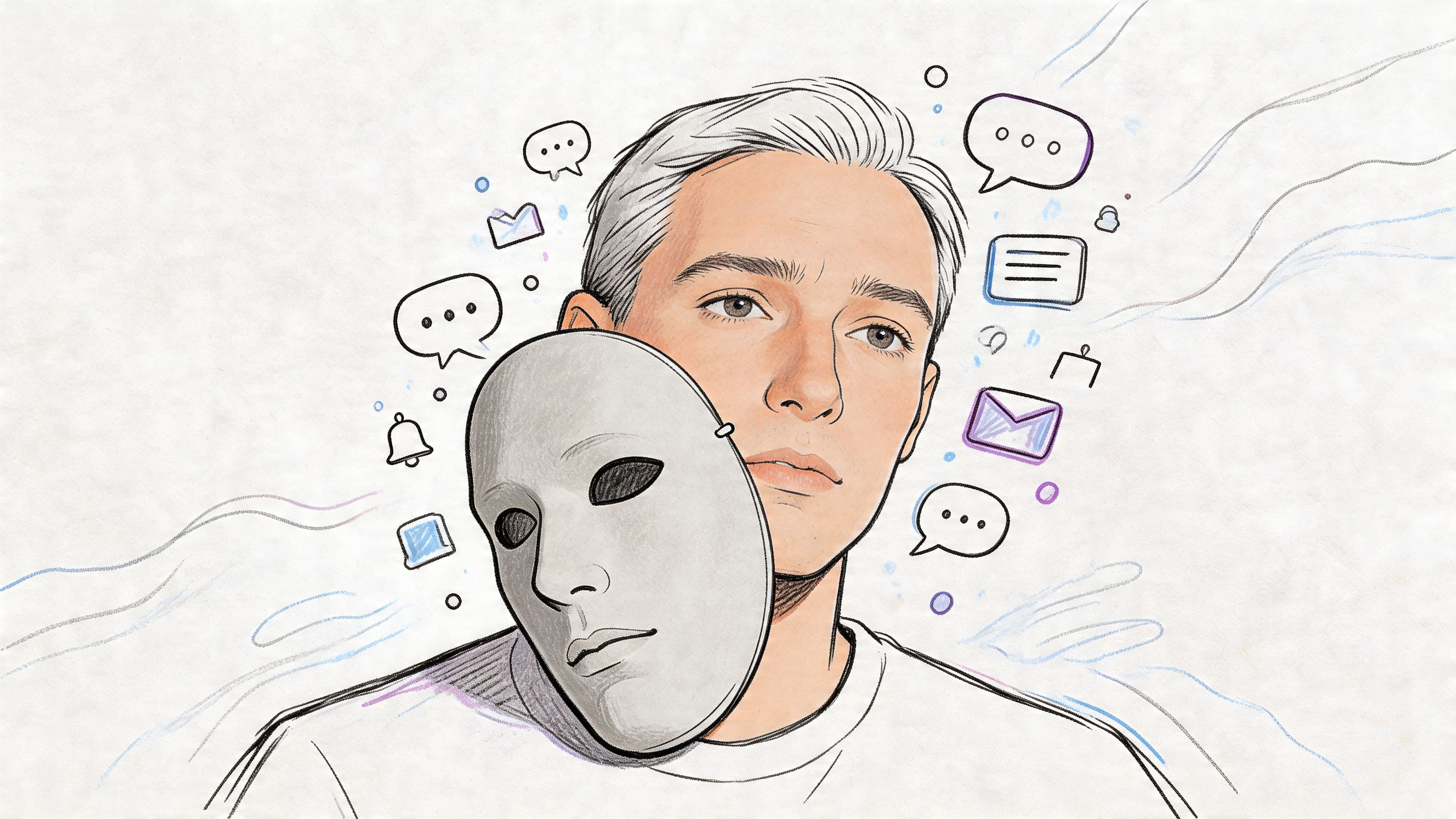 Sketch of a person holding a social mask amid chat and messaging icons, symbolizing communication without masking