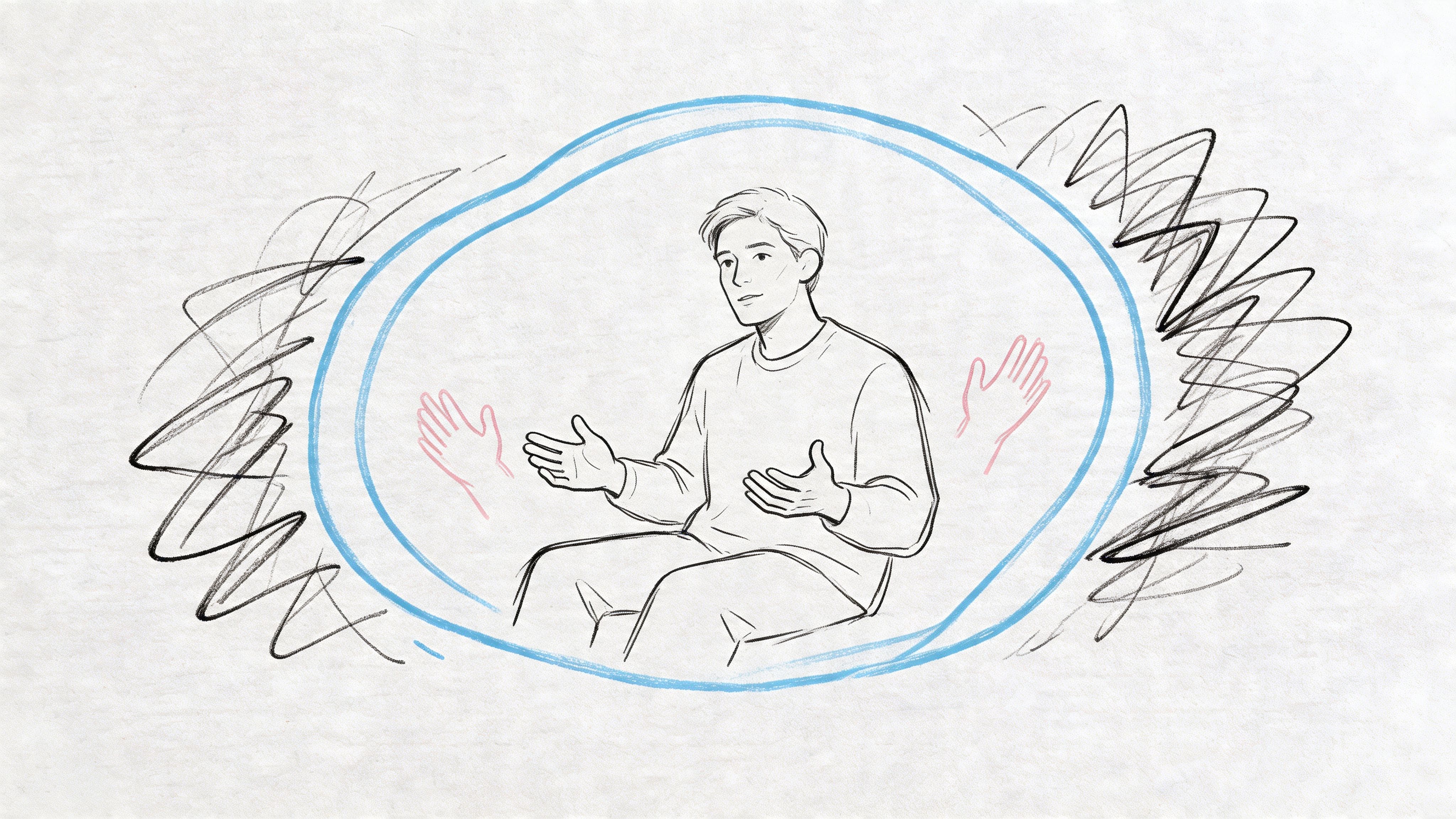 Illustration of a young person in a blue circle with hands gesturing outward, representing overwhelm and practice space in conversations