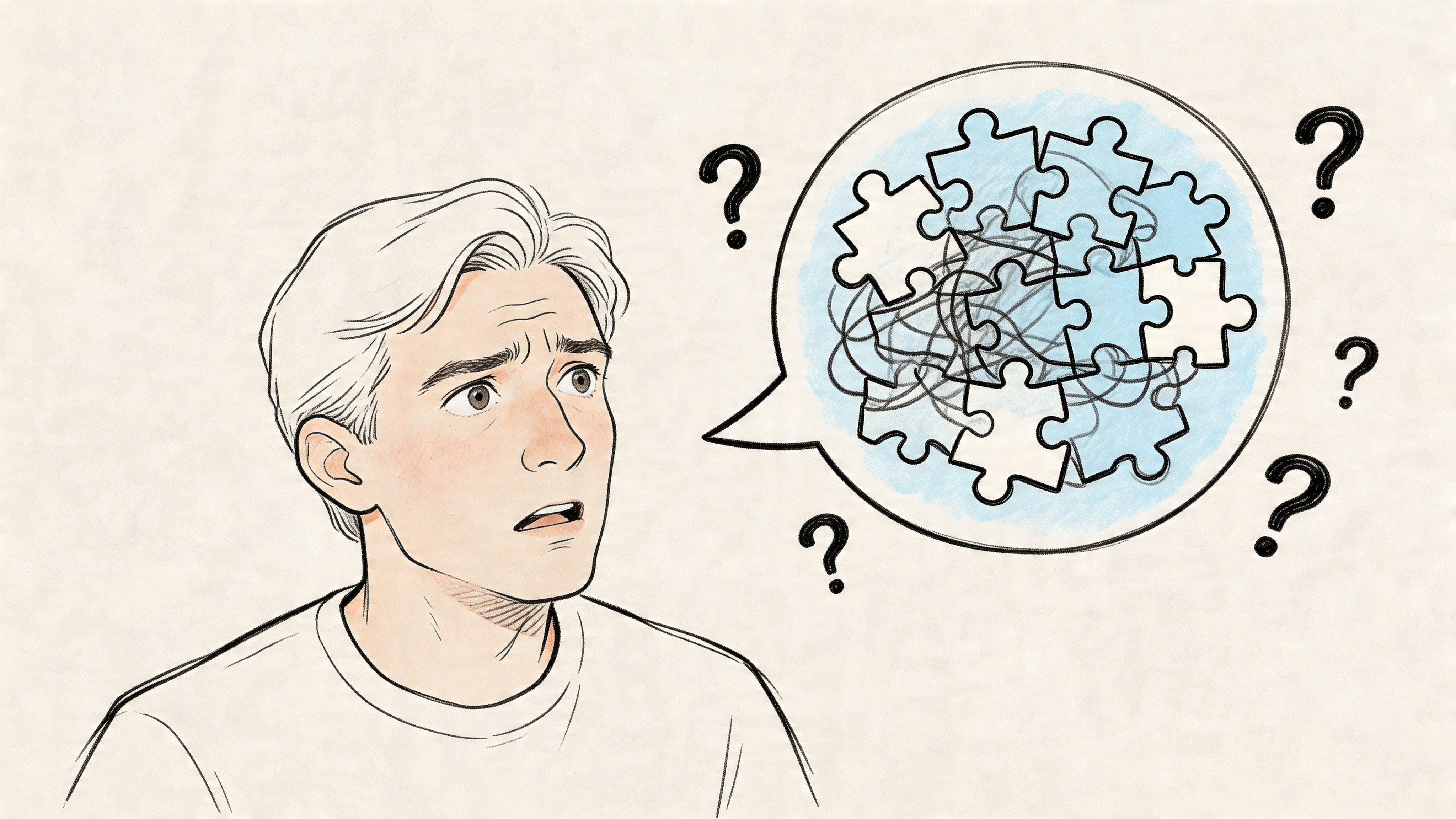 Young person with a thought bubble of tangled puzzle pieces and question marks, illustrating decoding an ambiguous text message