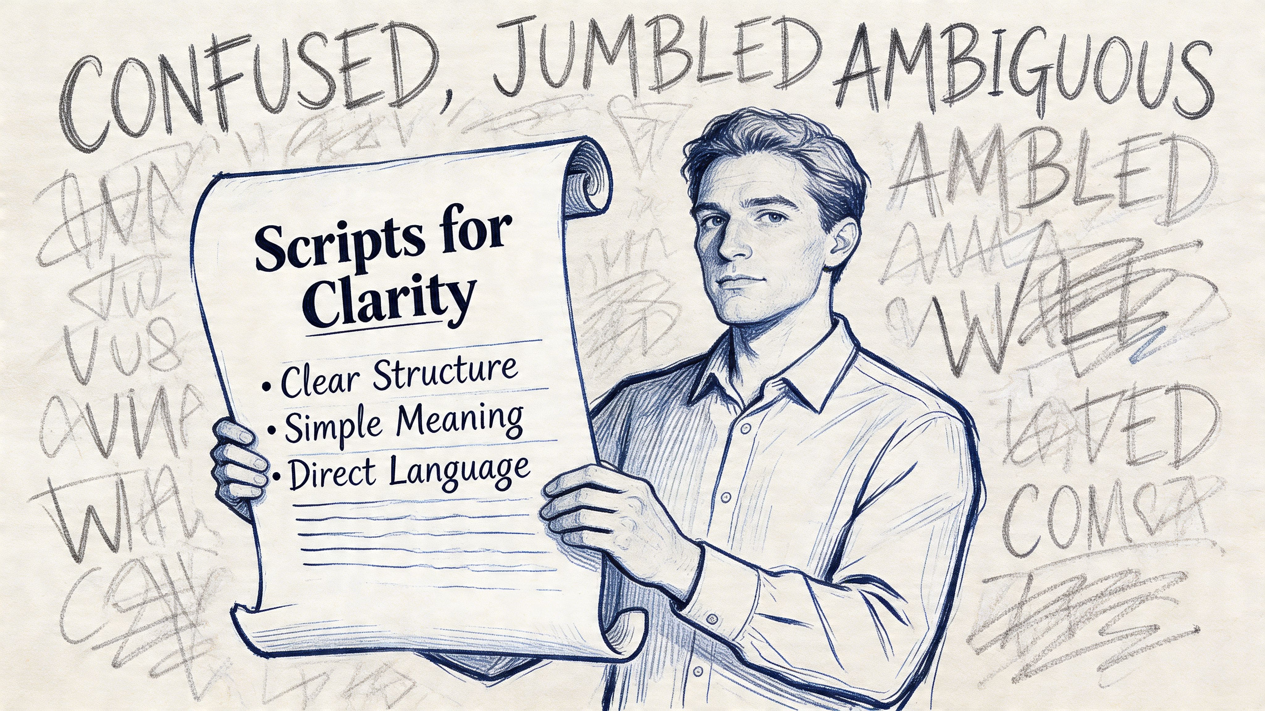 Person holding a scroll labeled Scripts for Clarity over jumbled text, representing asking for clear meaning in messages