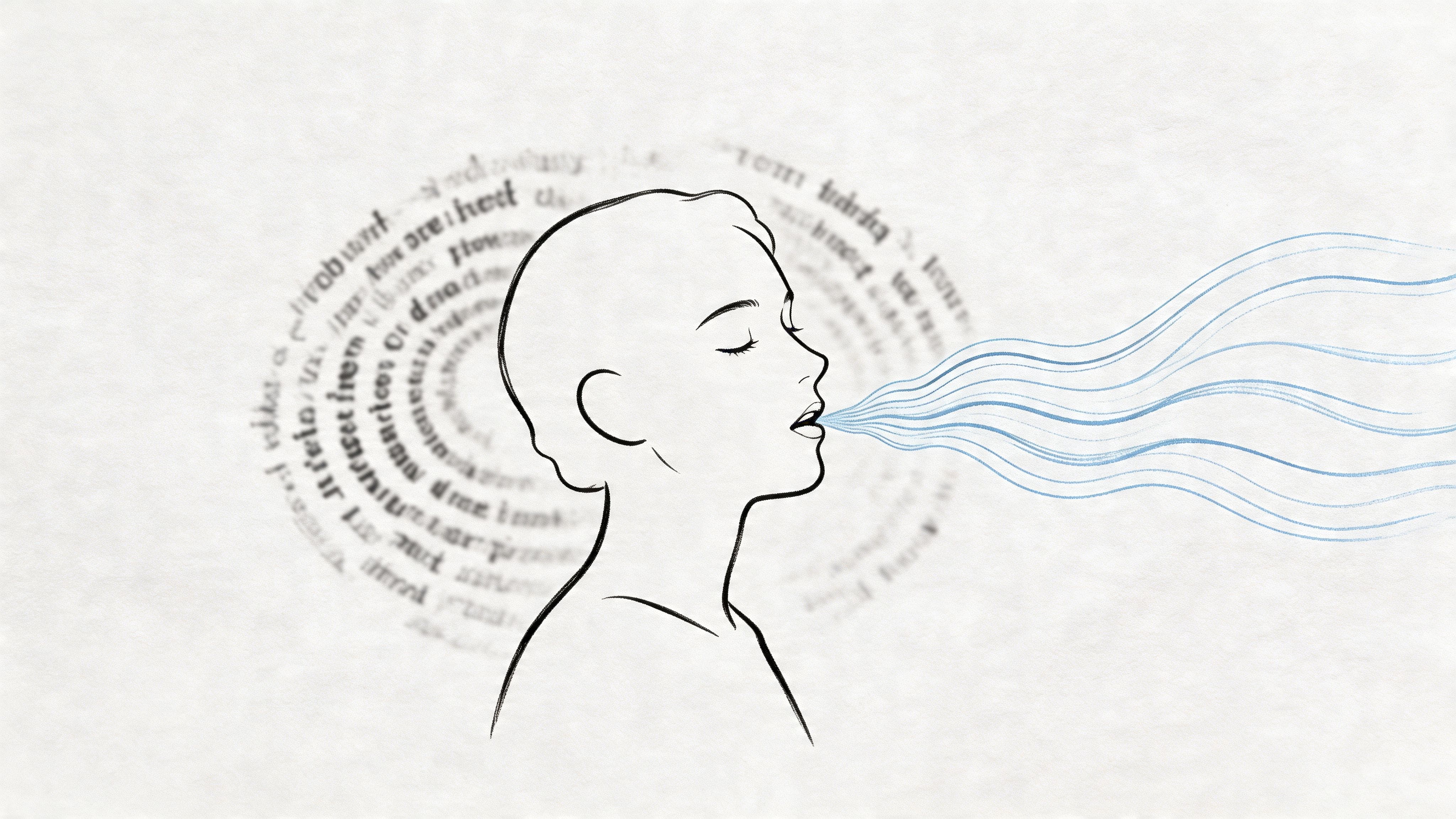 Line art of a person breathing calmly with blue waves from the mouth, symbolizing grounding before replying to stressful texts