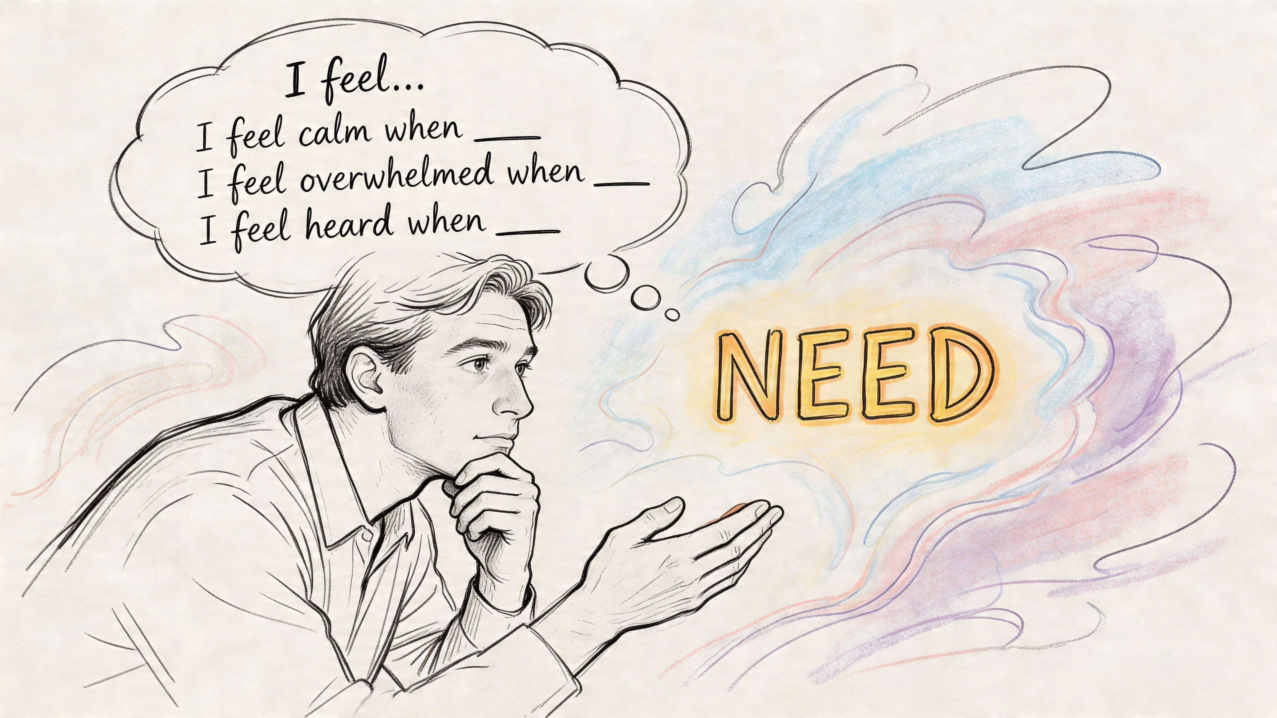Person reflecting on relationship emotional needs with prompts about feeling calm, overwhelmed, and heard