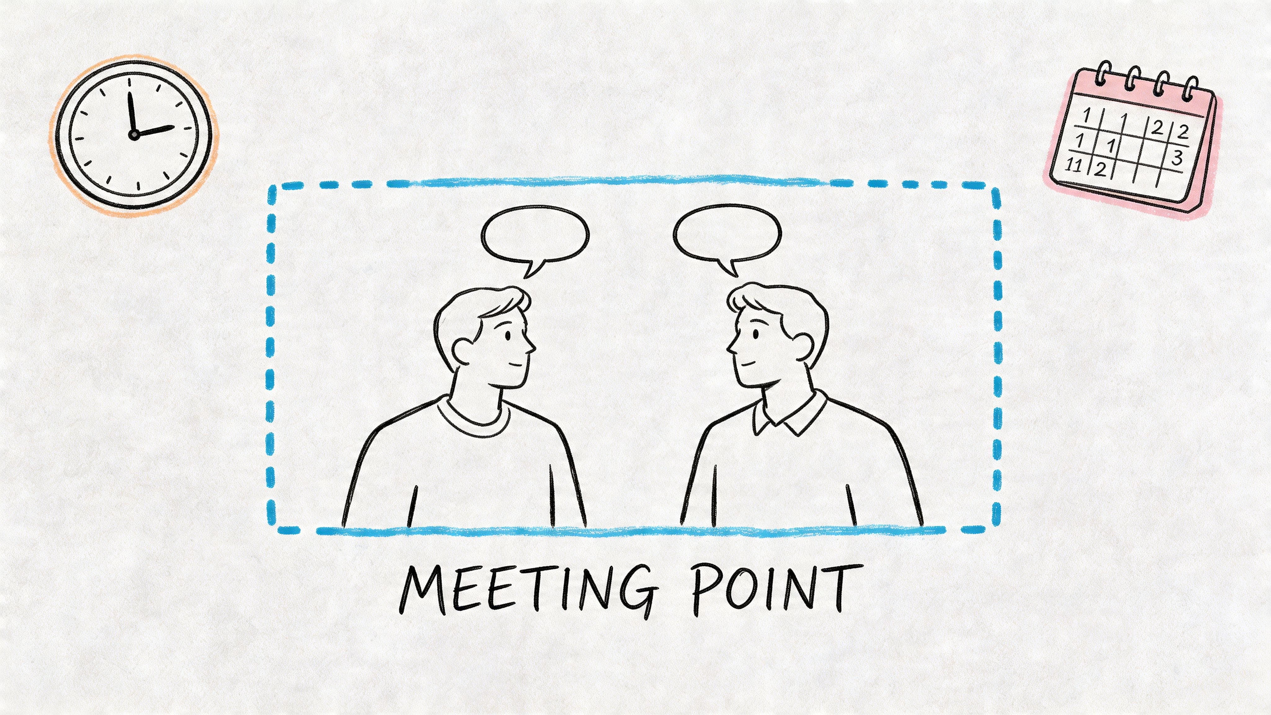 Two people in conversation beside a clock and calendar, illustrating choosing the right time to ask for needs