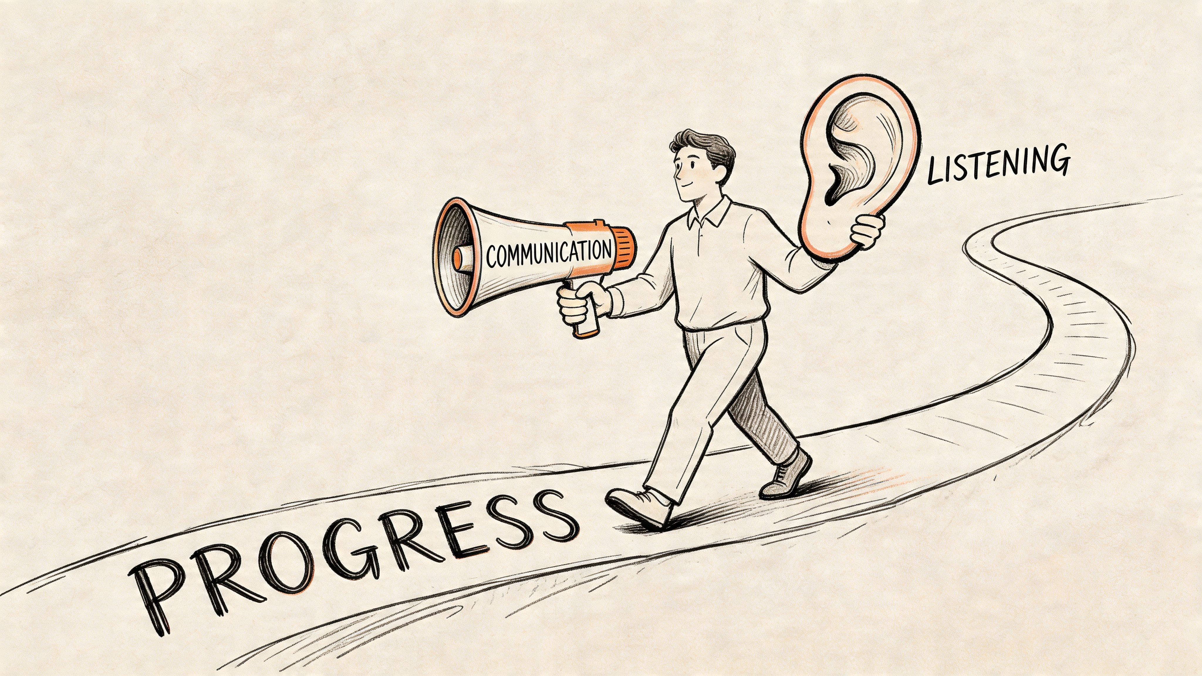 Figure on a path labeled progress holding a megaphone and an ear, symbolizing practicing clear relationship communication