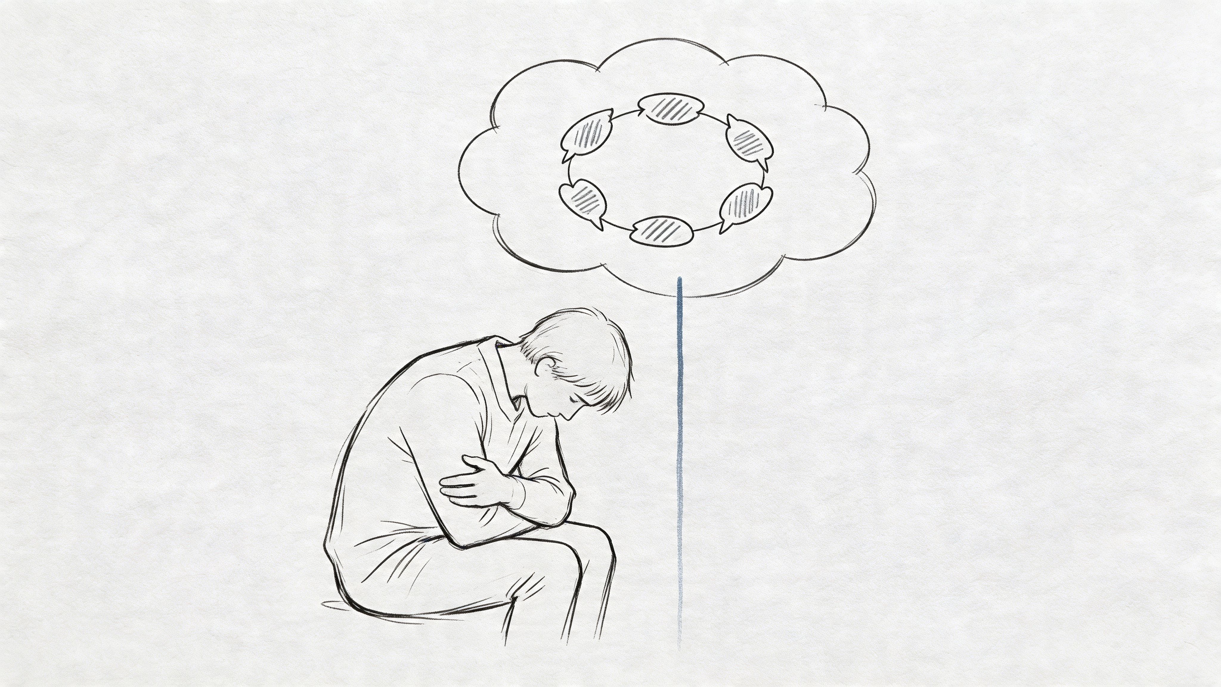 Person sitting alone surrounded by speech bubbles, illustrating rumination after a confusing social interaction