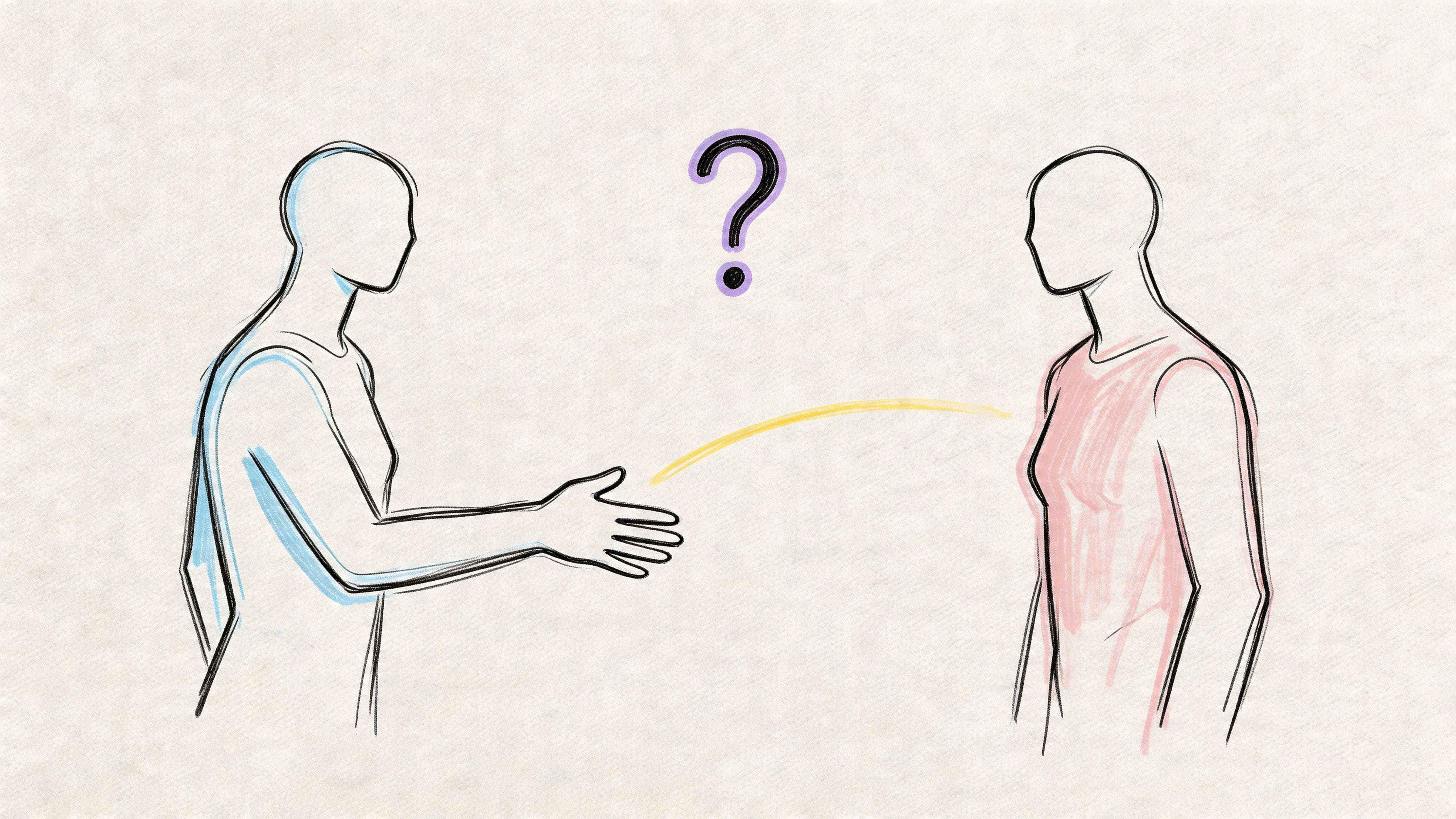 Line art of one person extending a handshake toward a distant figure, symbolizing anxiety starting a repair conversation