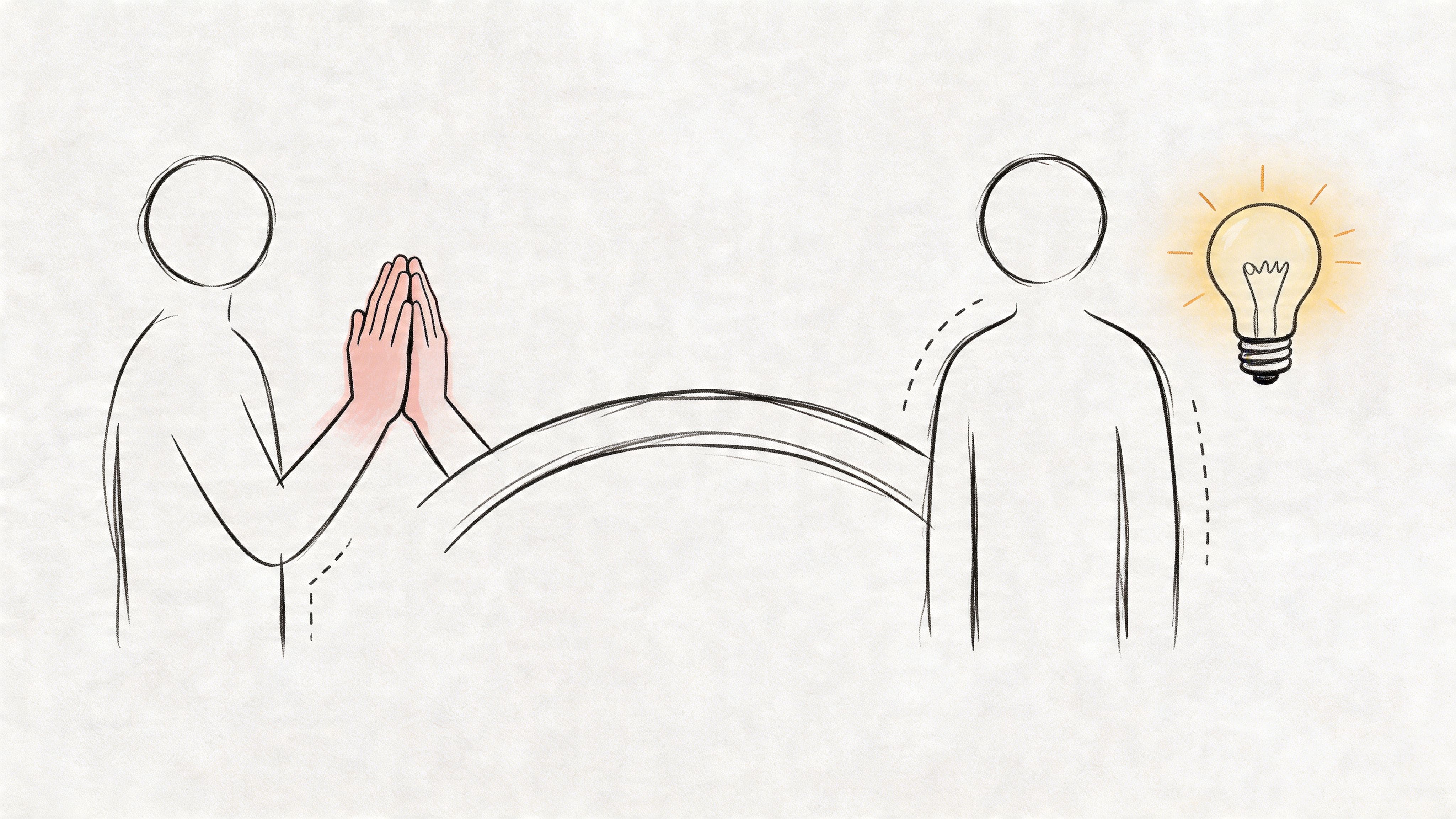 Minimalist drawing of two people linked by a bridge and a light bulb, representing repairing connection after misunderstanding