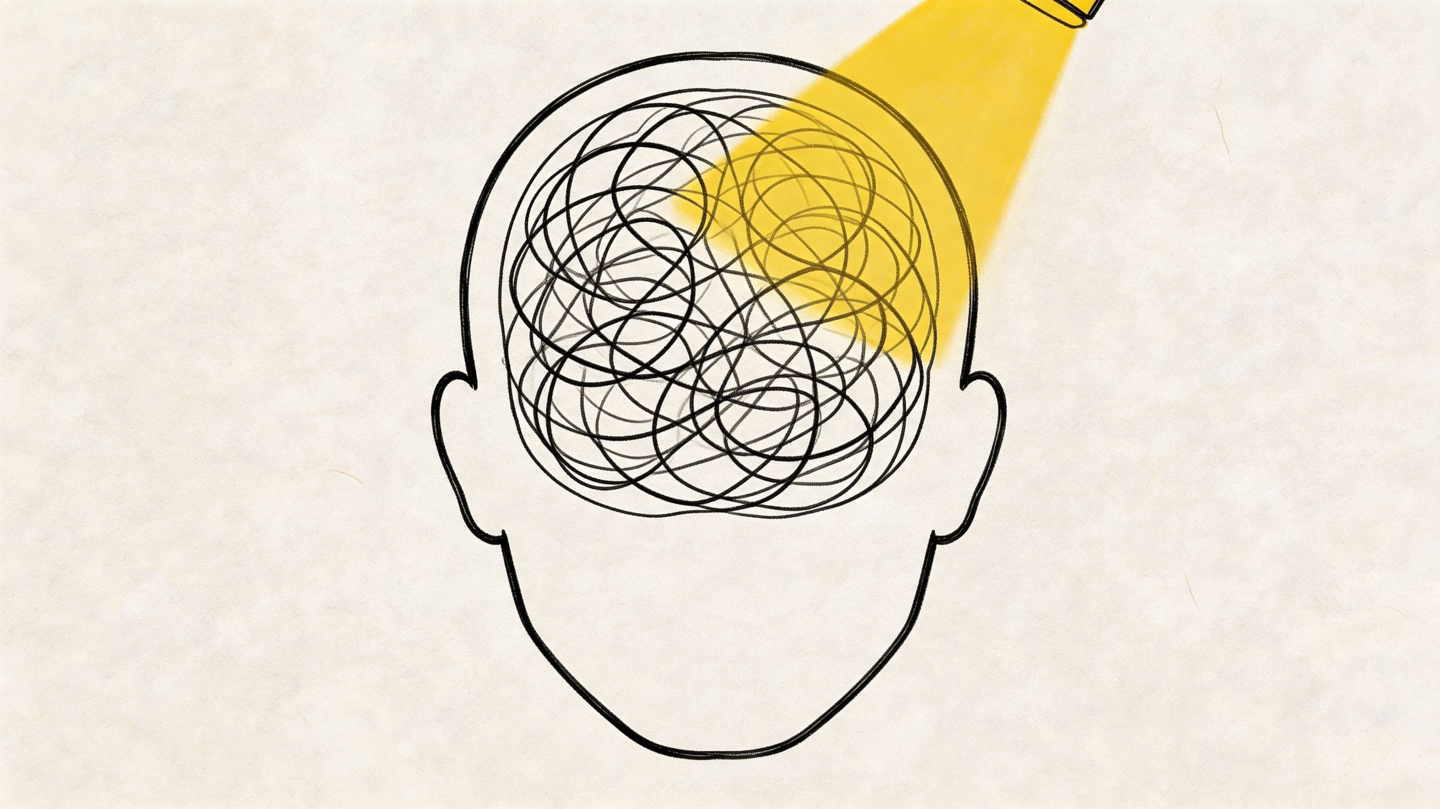 Line drawing of a human head filled with tangled scribbles illustrating ADHD obsessive thinking and intrusive thought loops