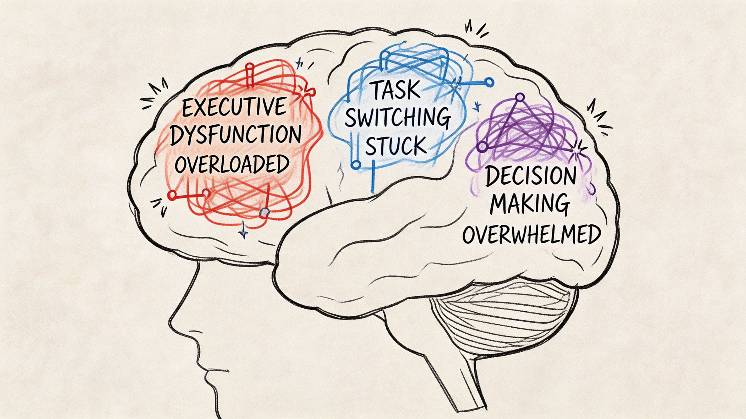 Illustration of a brain with tangled clusters representing ADHD cognitive overload and difficulty disengaging from repetitive thoughts