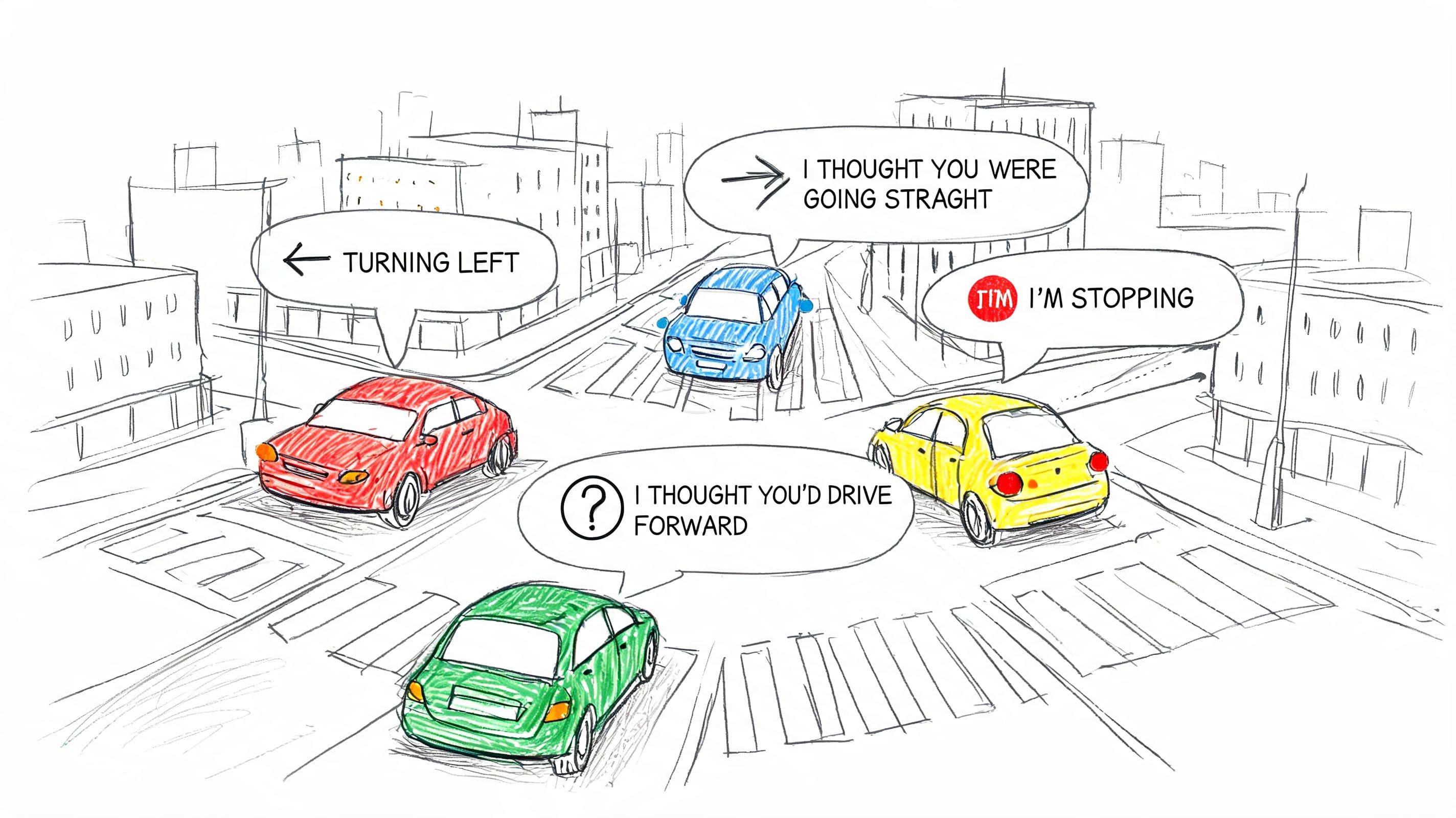 Hand-drawn sketch of a four-way intersection with cars and confused speech bubbles, illustrating unwritten social-pragmatic rules like traffic flow