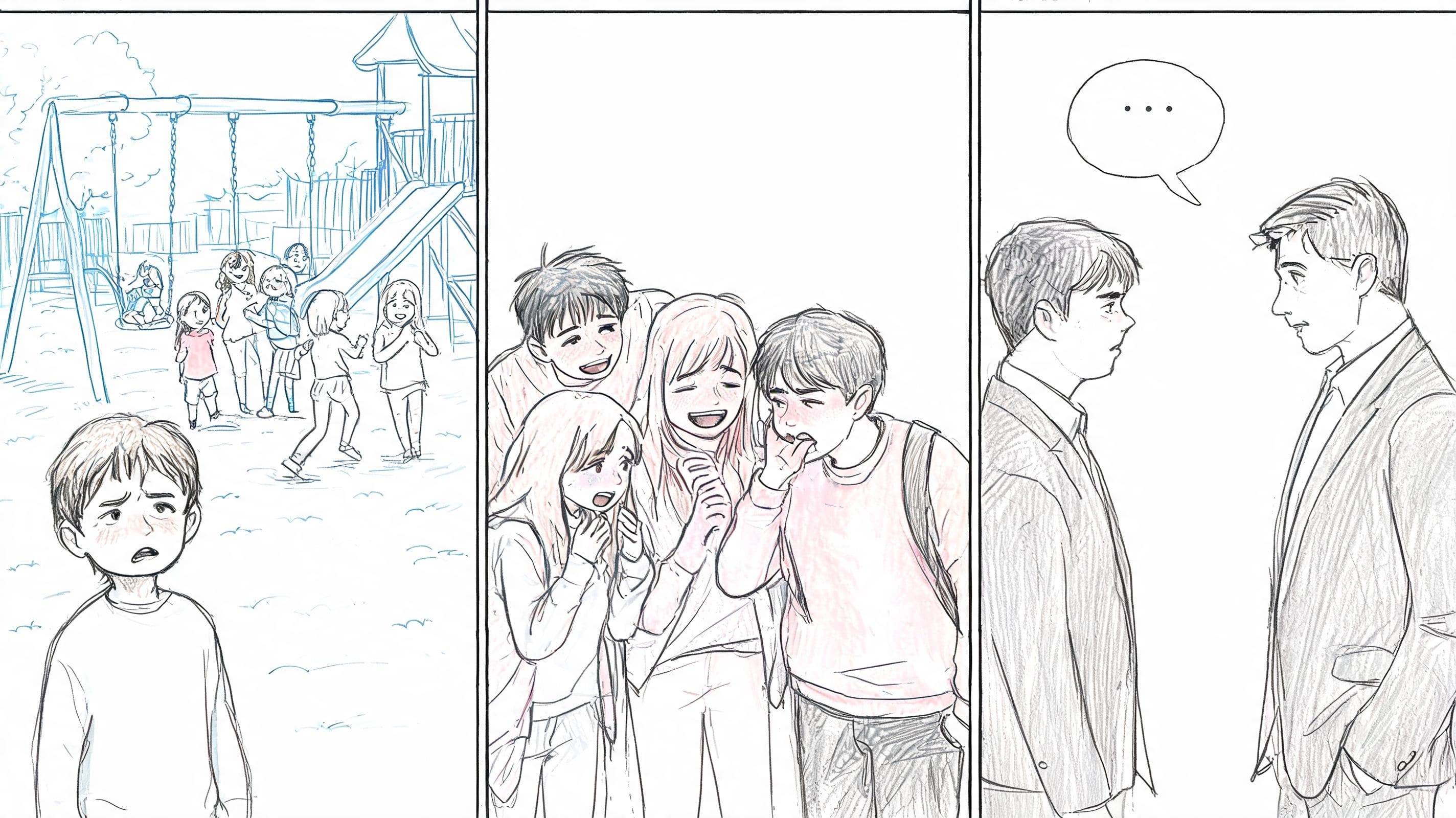 Three-panel comic of a child apart from peers at a playground, showing social isolation and difficulty reading group cues in social communication disorder