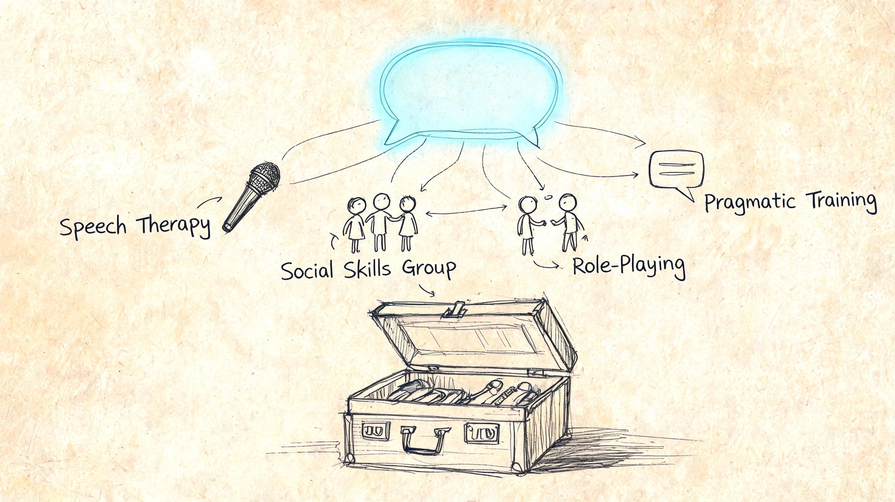 Hand-drawn illustration of speech therapy, social skills groups, and support methods for social communication disorder treatment