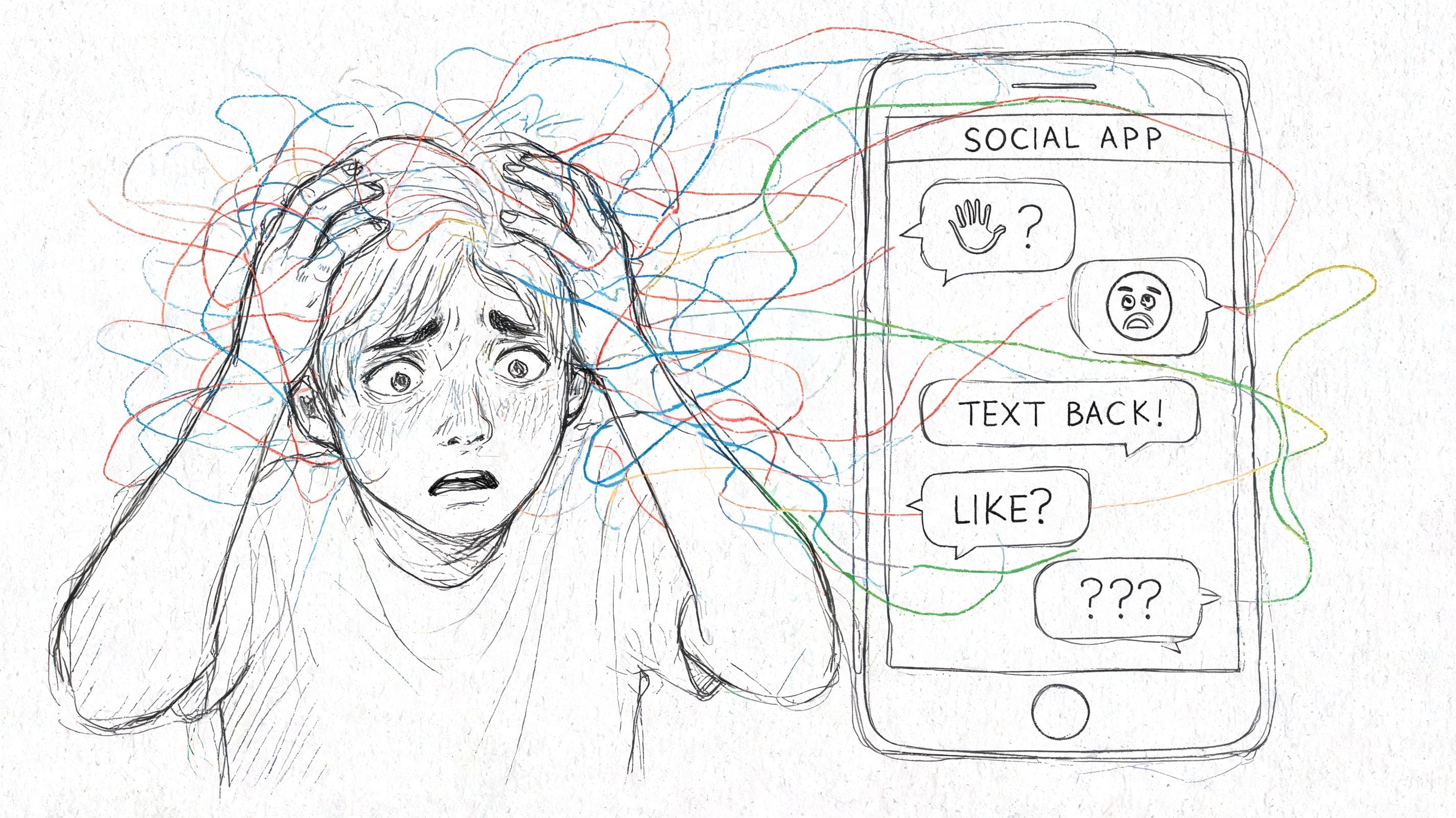 Stressed teenager holding their head with tangled lines to a smartphone showing urgent messages, illustrating social anxiety and communication overload