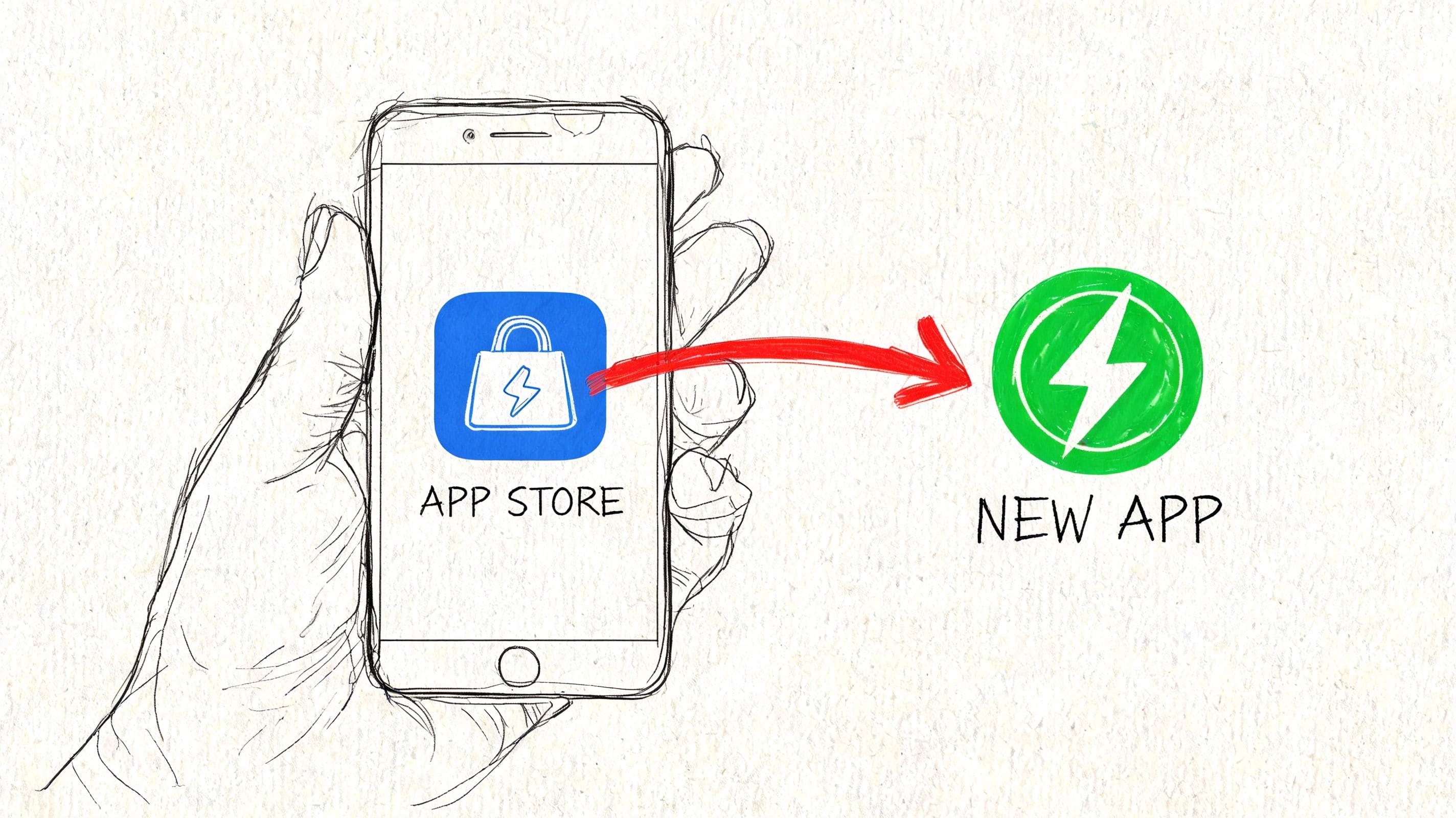 Hand-drawn illustration of an app store icon pointing to a new mobile app for downloading communication skills tools