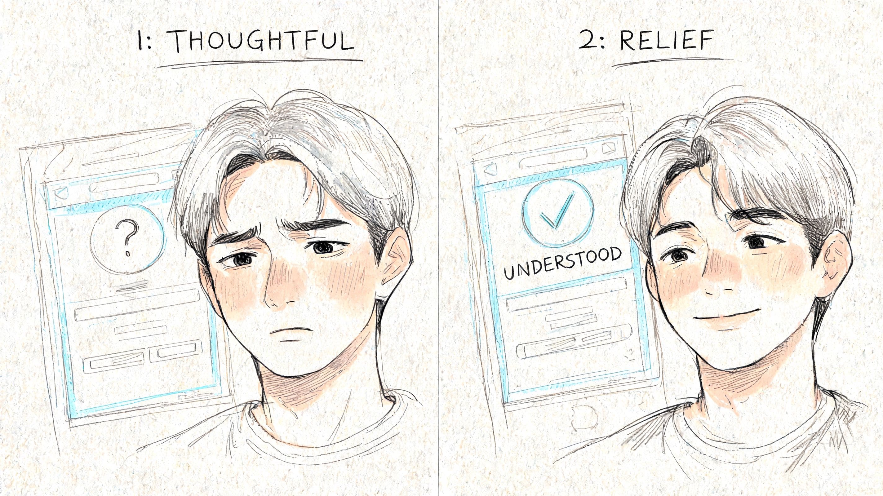 Digital illustration of a young person thoughtful then relieved while using a communication skills app on a phone