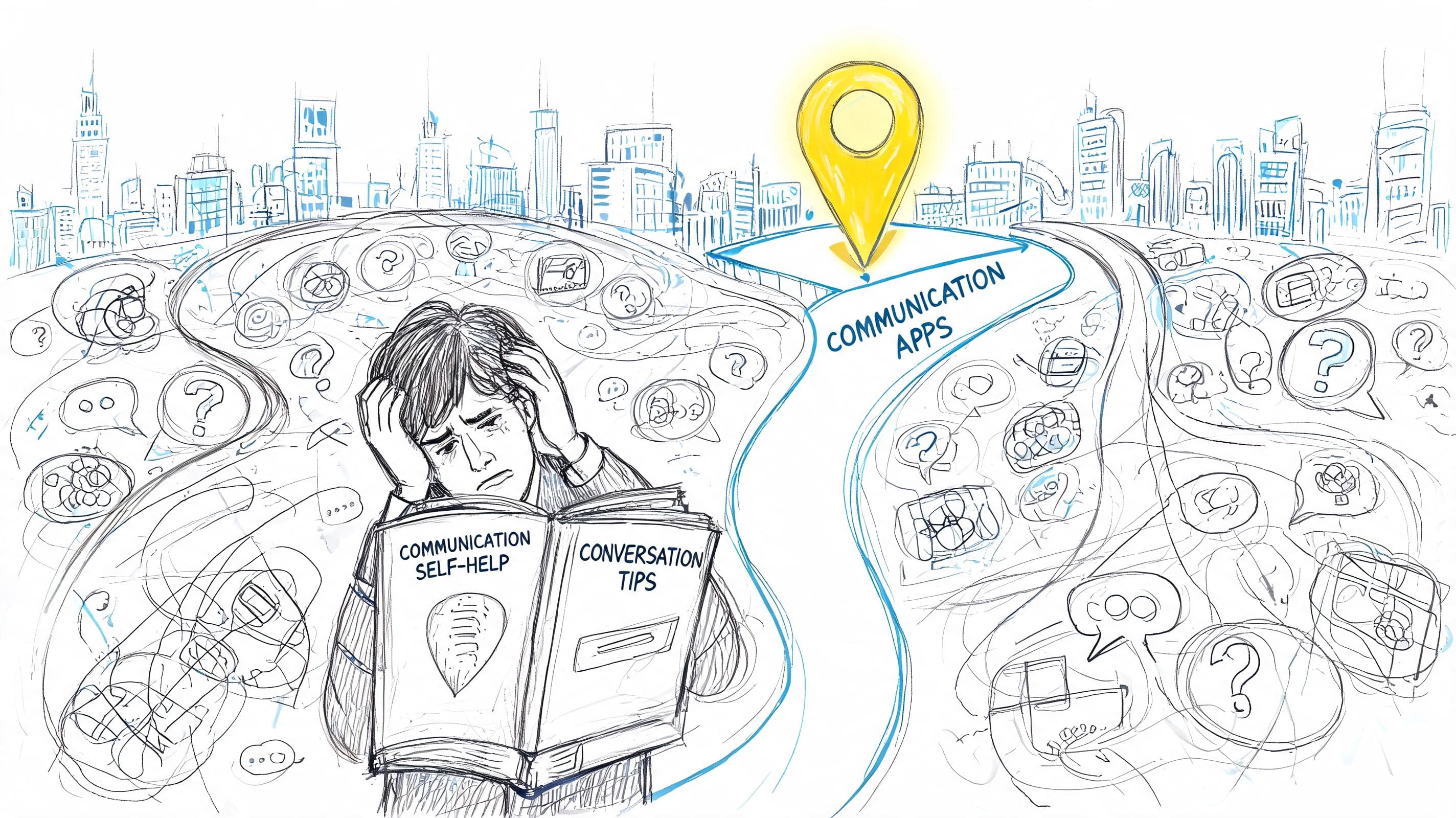 Person holding a communication skills book surrounded by chaotic app icons and question marks illustrating overwhelm choosing communication support