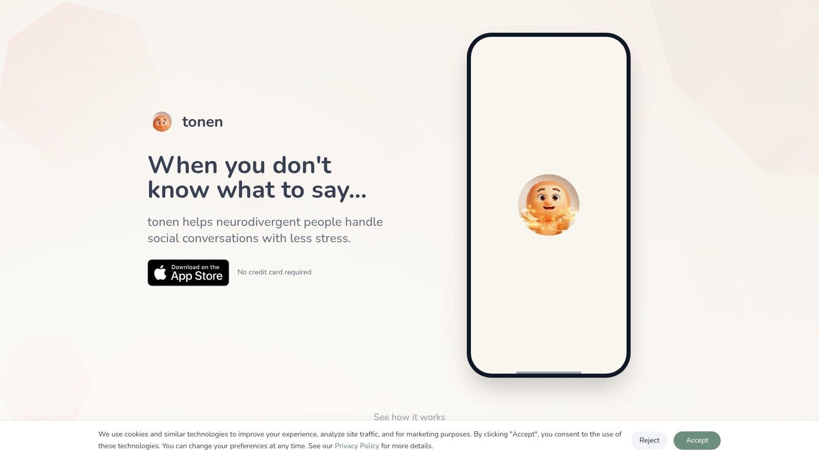 Smartphone displaying tonen app with conversation scripts and tone options for neurodivergent communication practice