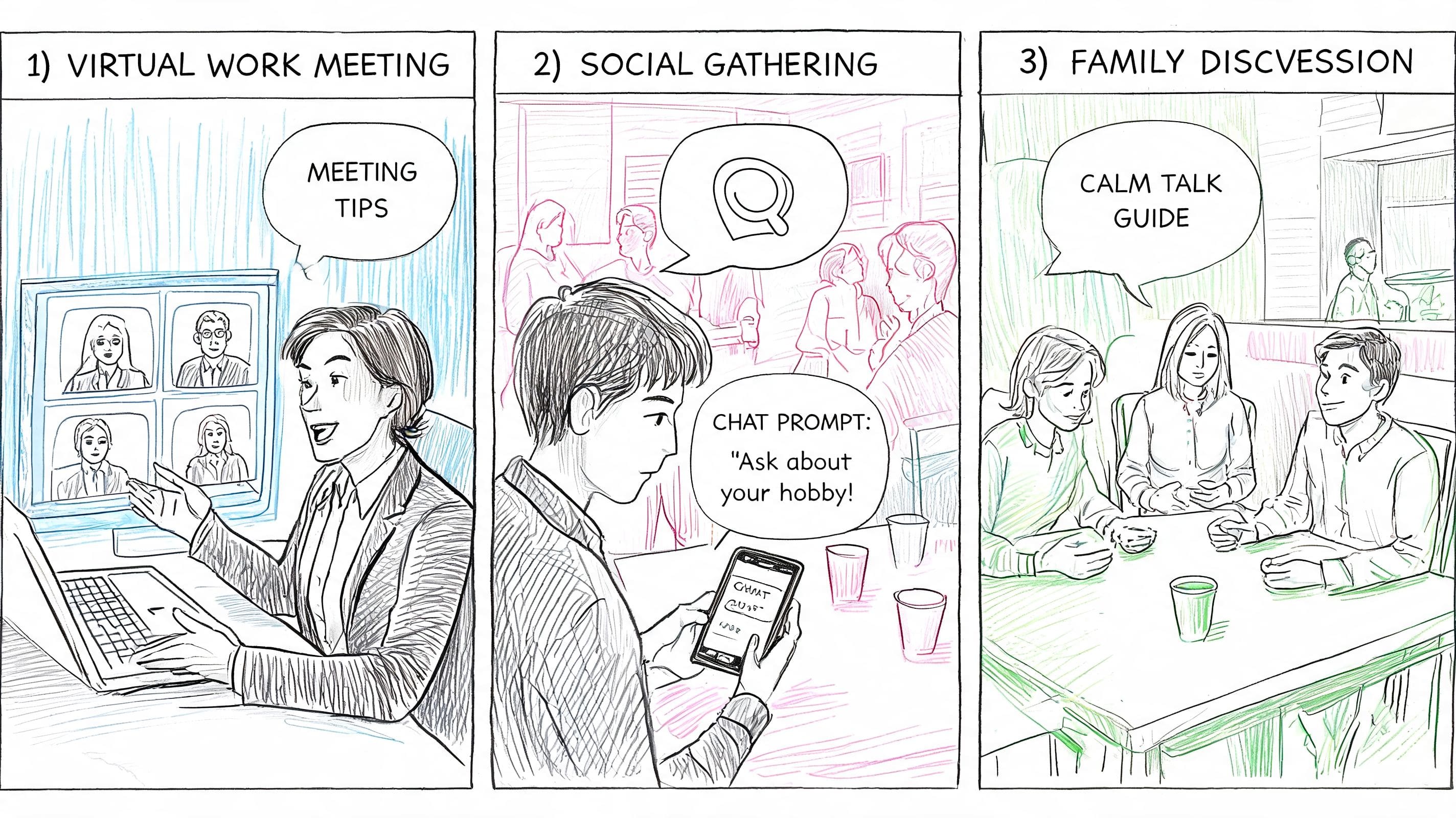 Three-panel illustration of people using communication tools in workplace meetings, social settings, and family conversations