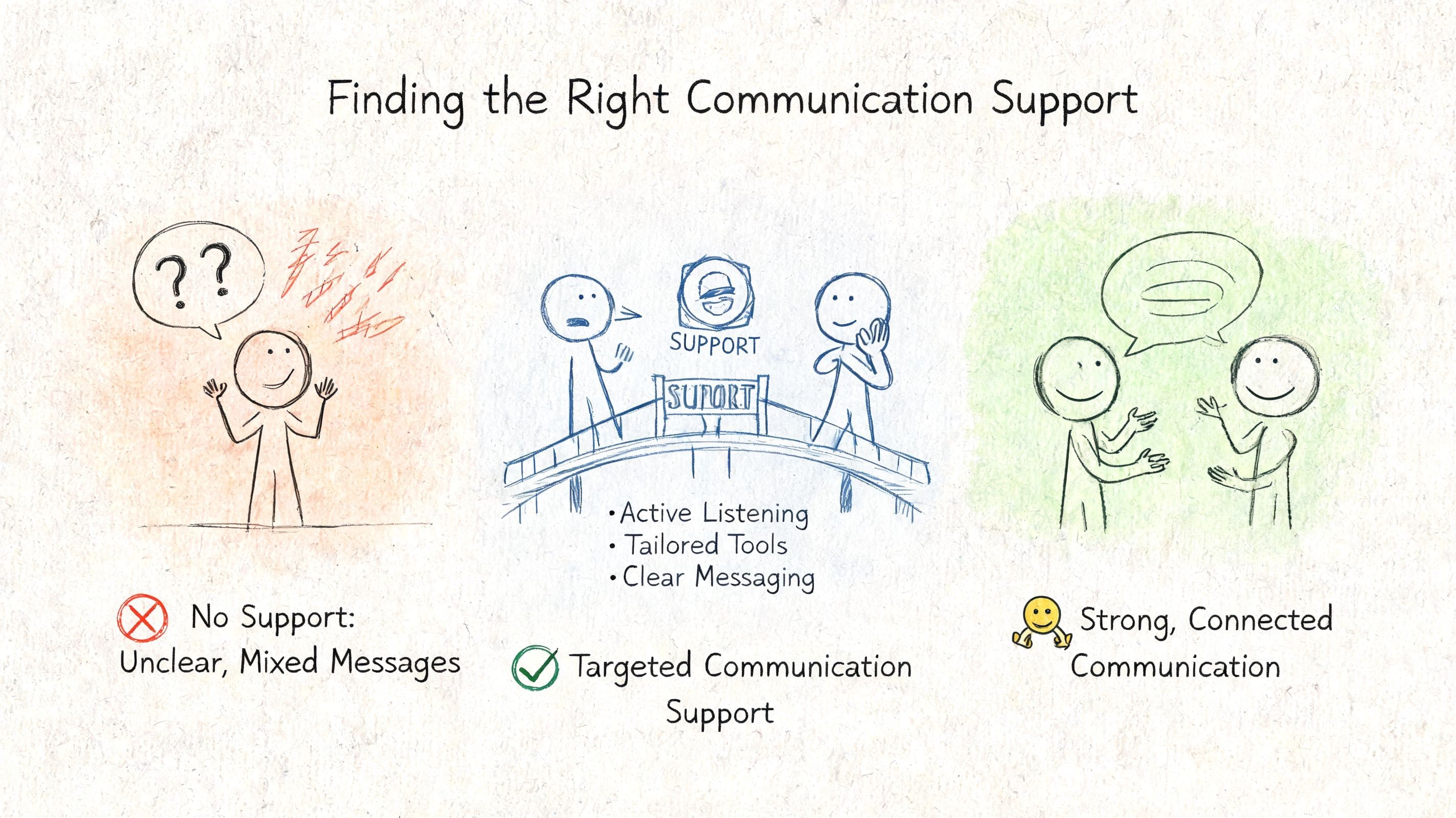 Hand-drawn illustration of three stages from limited communication support to targeted help and strong connected communication for autism