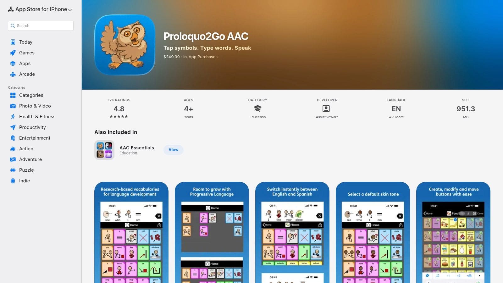 Proloquo2Go AAC app showing symbol grid and text-to-speech tools for nonverbal and limited-verbal autistic communication