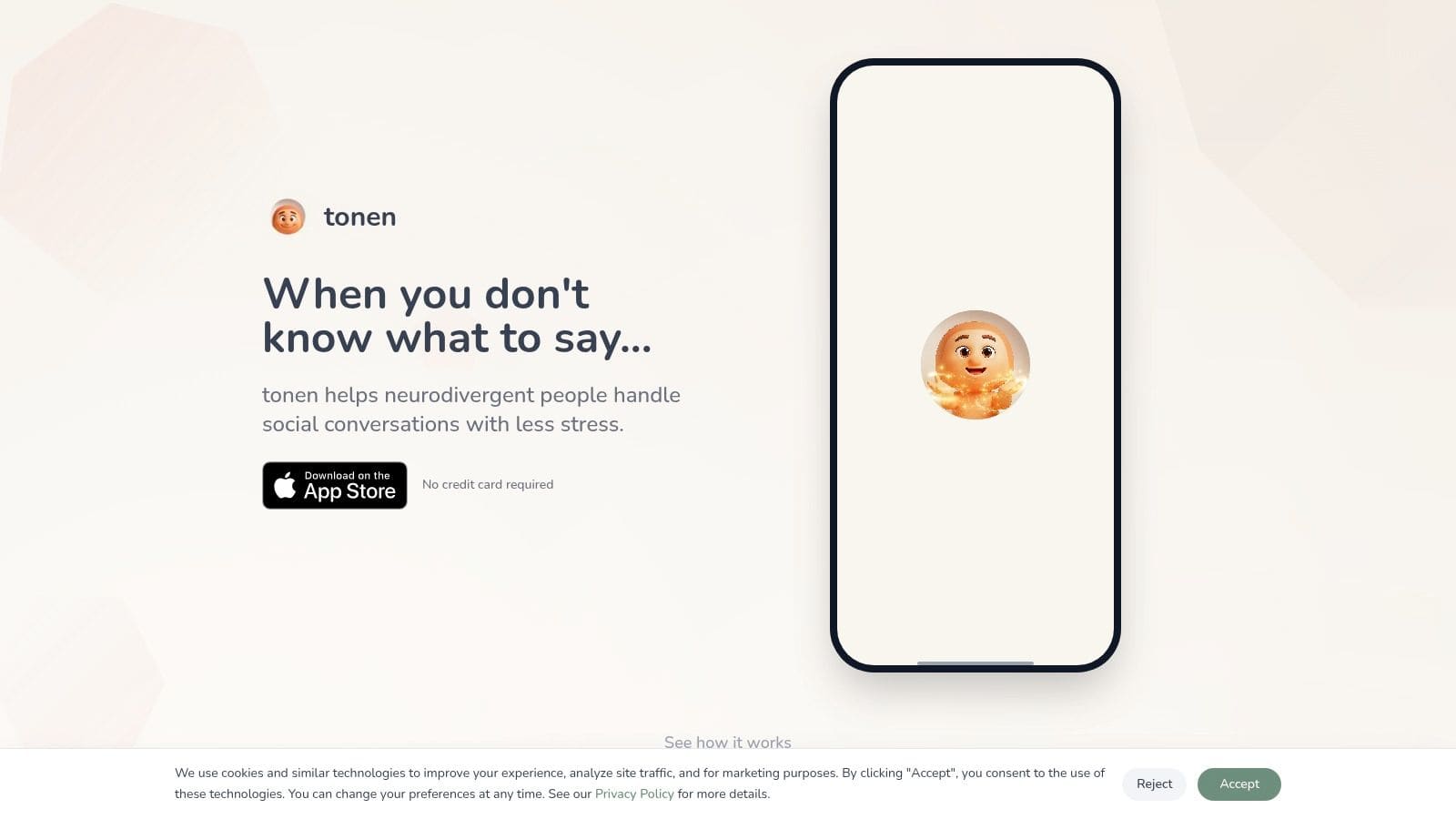 An iPhone showing the tonen app interface with conversation scripts and calm kit features