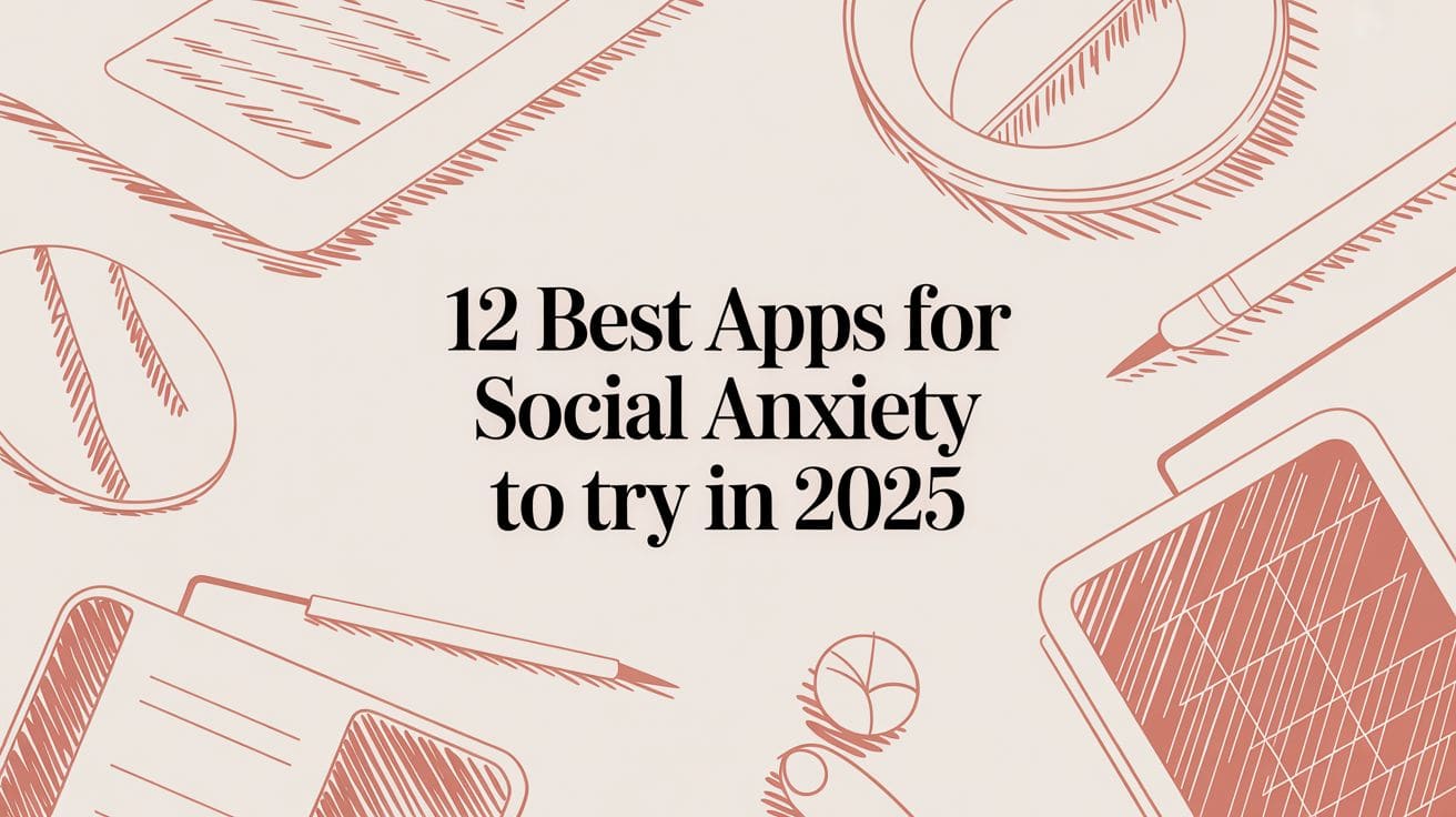 Person holding a smartphone with various mental health app icons floating around, representing digital support for social anxiety