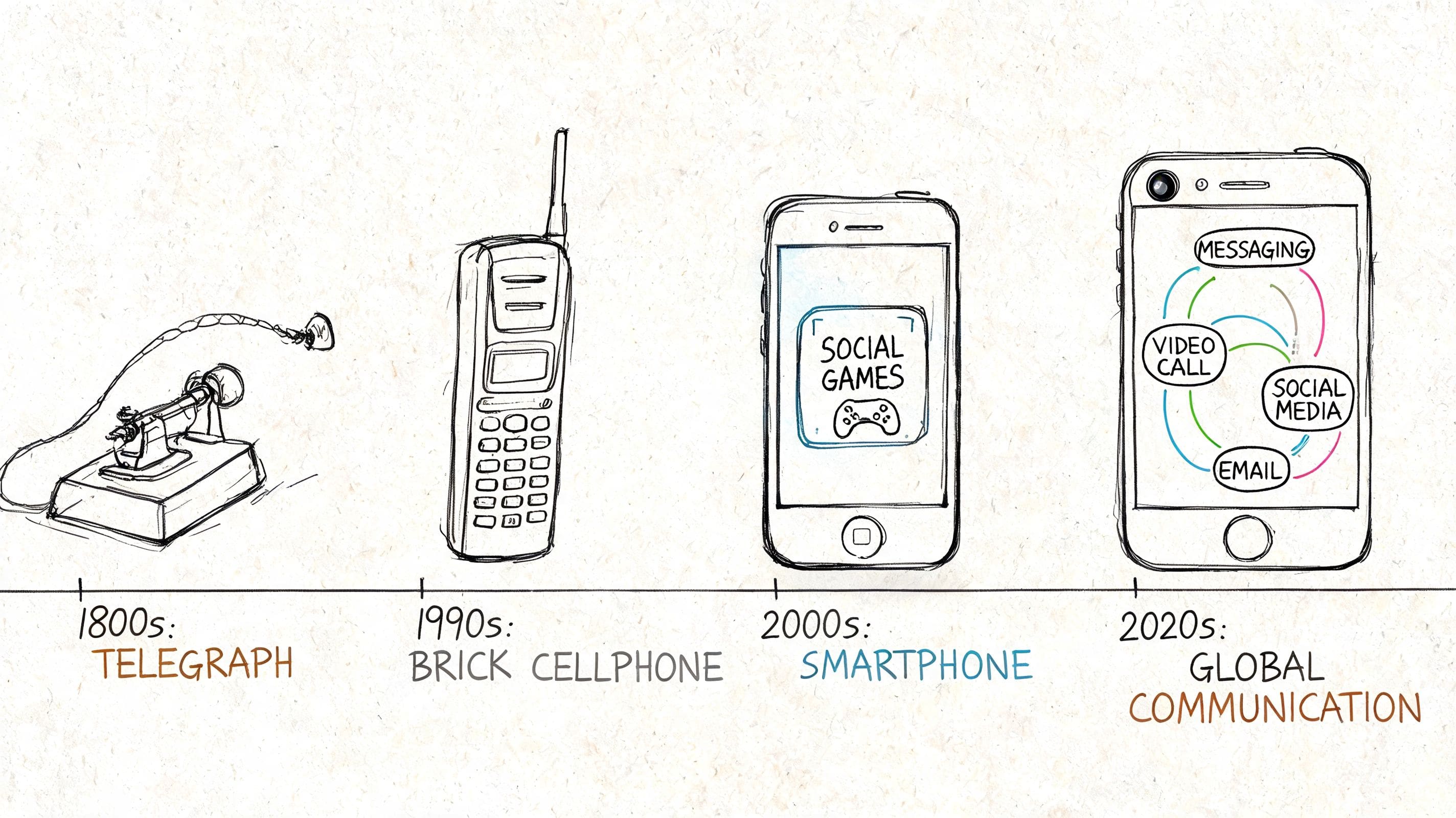 Timeline illustration of communication technology from early telegraph to modern smartphones and global messaging