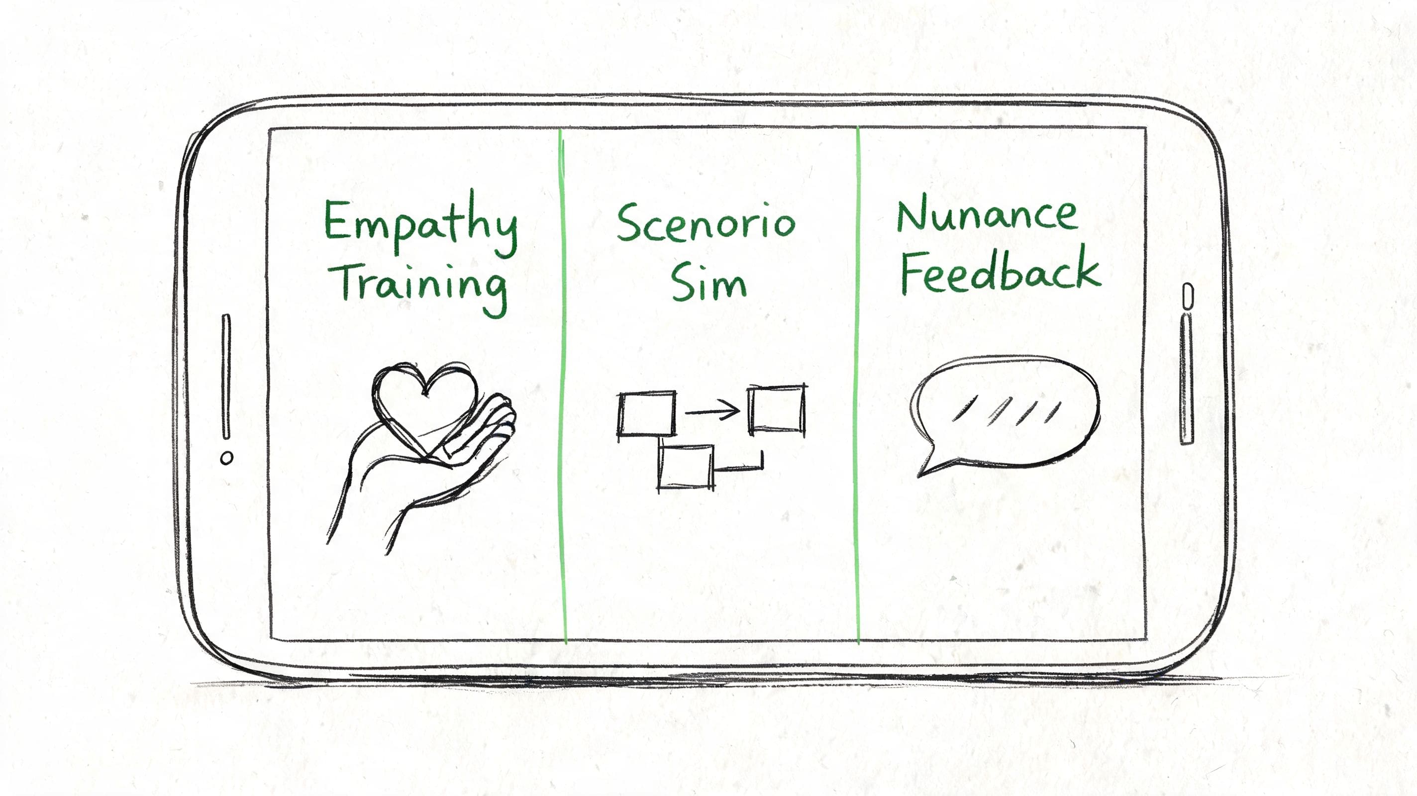 Hand-drawn sketch of an iPhone screen with empathy training and social scenario simulation icons for adults