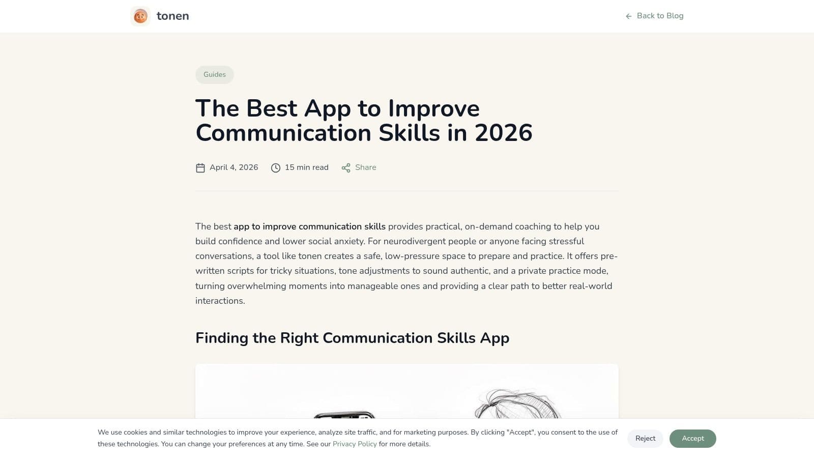 Mobile view of tonen communication app blog and features relevant to evaluating a 7-day free trial