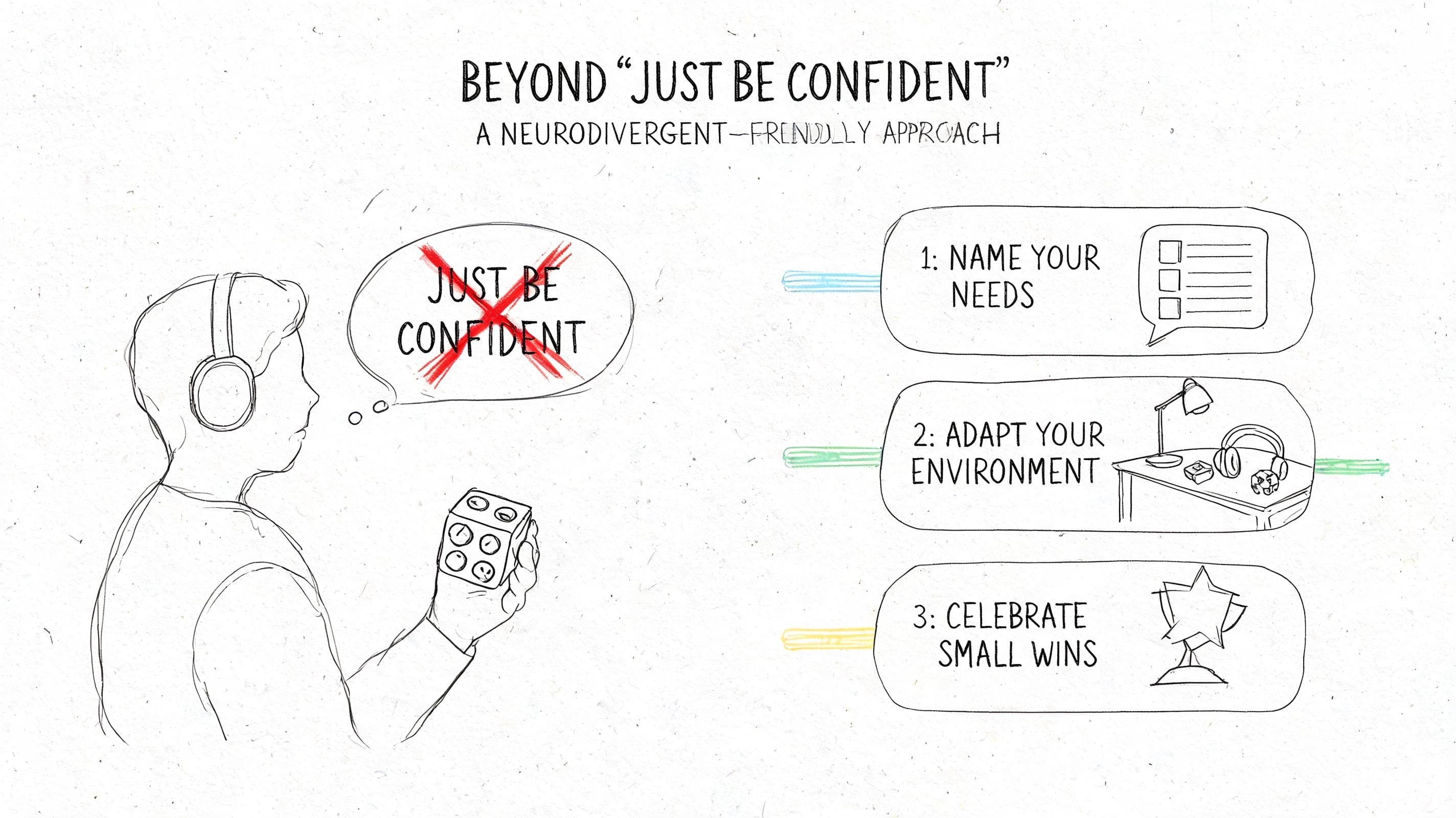 Illustration of three practical steps for neurodivergent-friendly communication confidence beyond vague advice