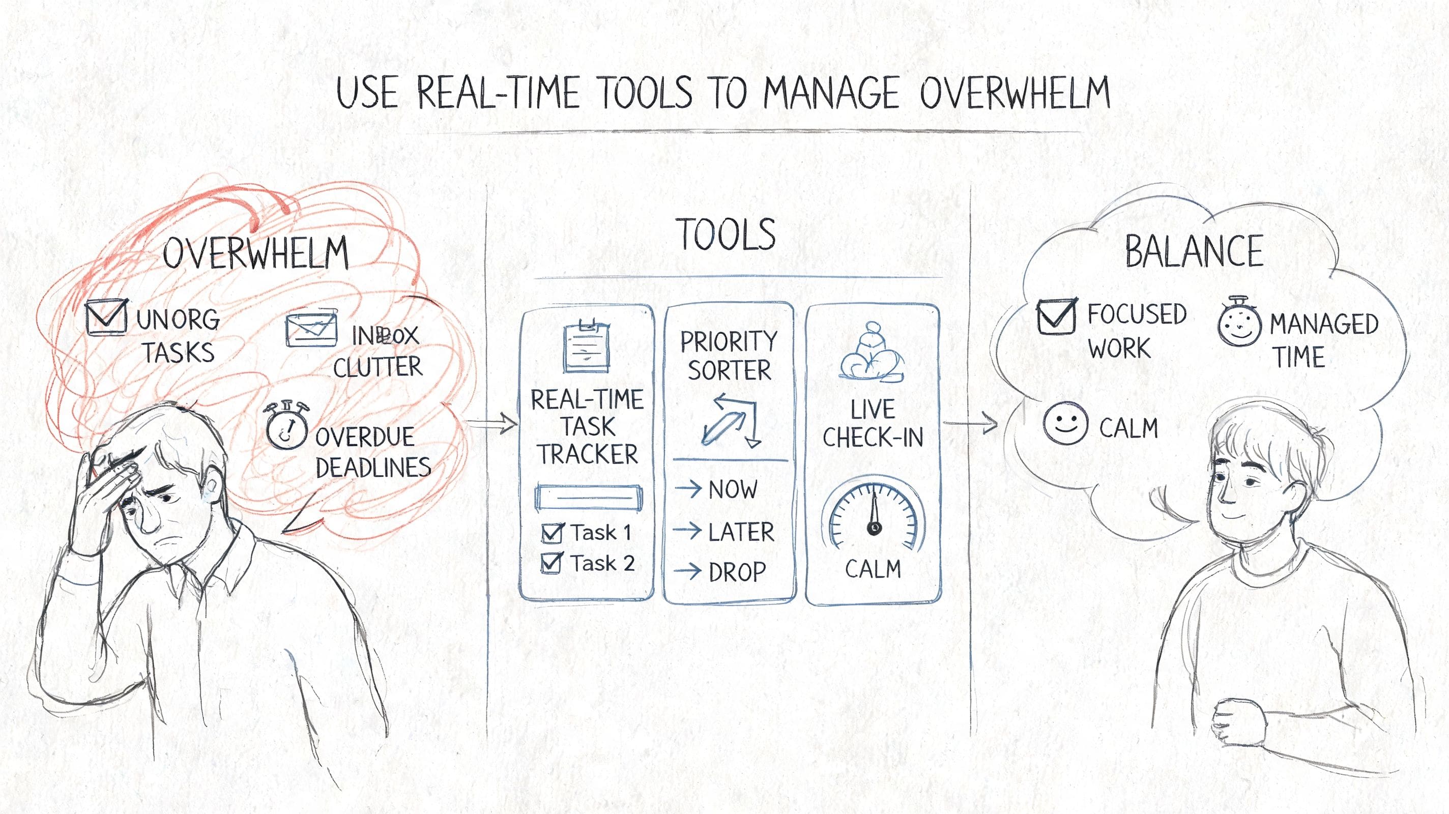 Illustration shifting from overwhelmed scattered tasks to calmer, focused communication during stressful moments