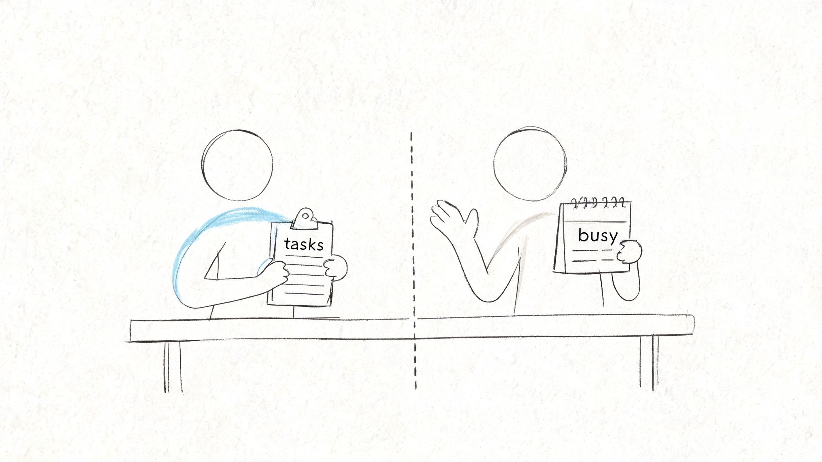 Illustration of two coworkers with a task clipboard and busy calendar for workplace boundaries and workload communication