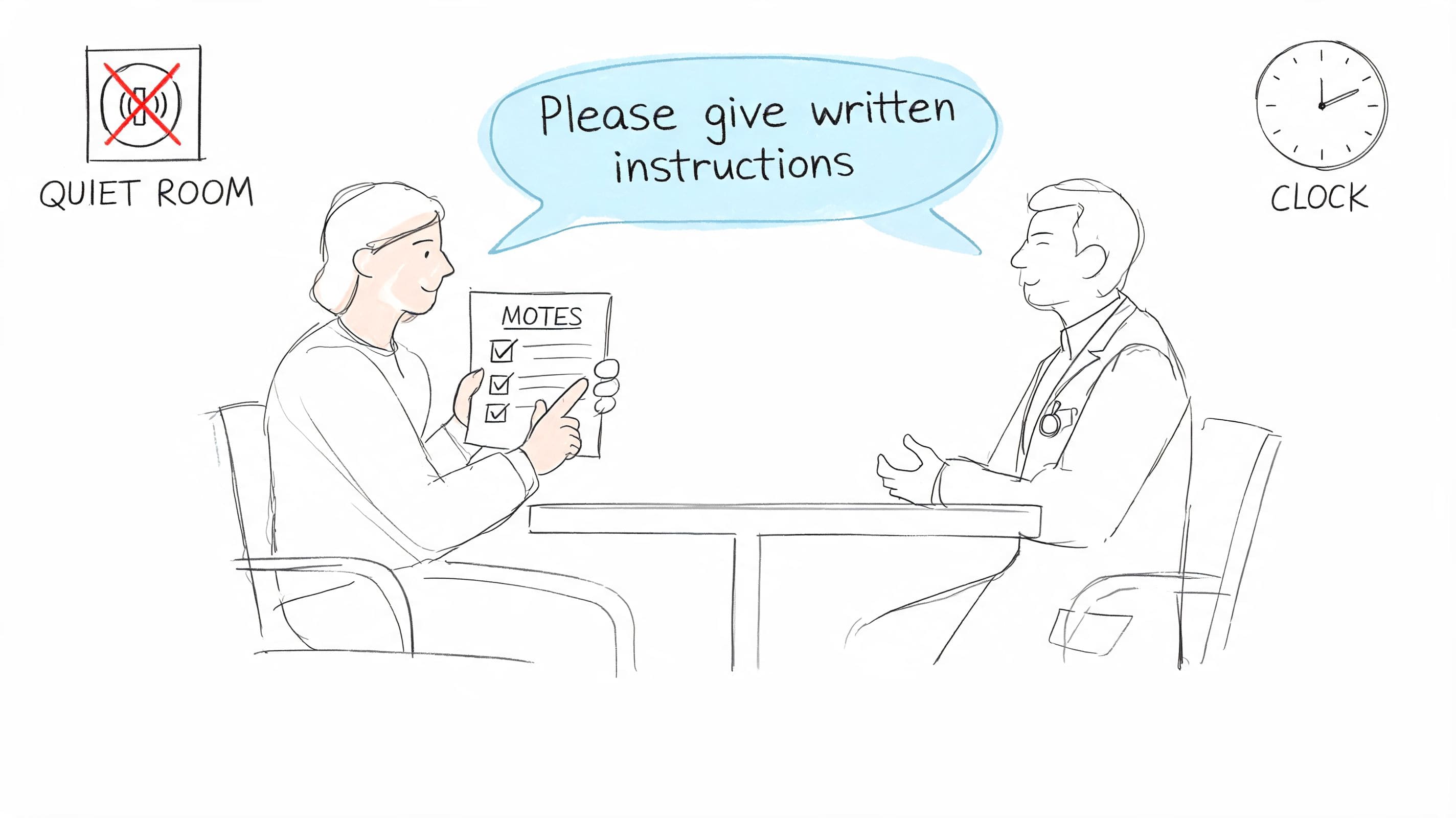 Patient with a written checklist asking a doctor for clear medical instructions during a healthcare visit