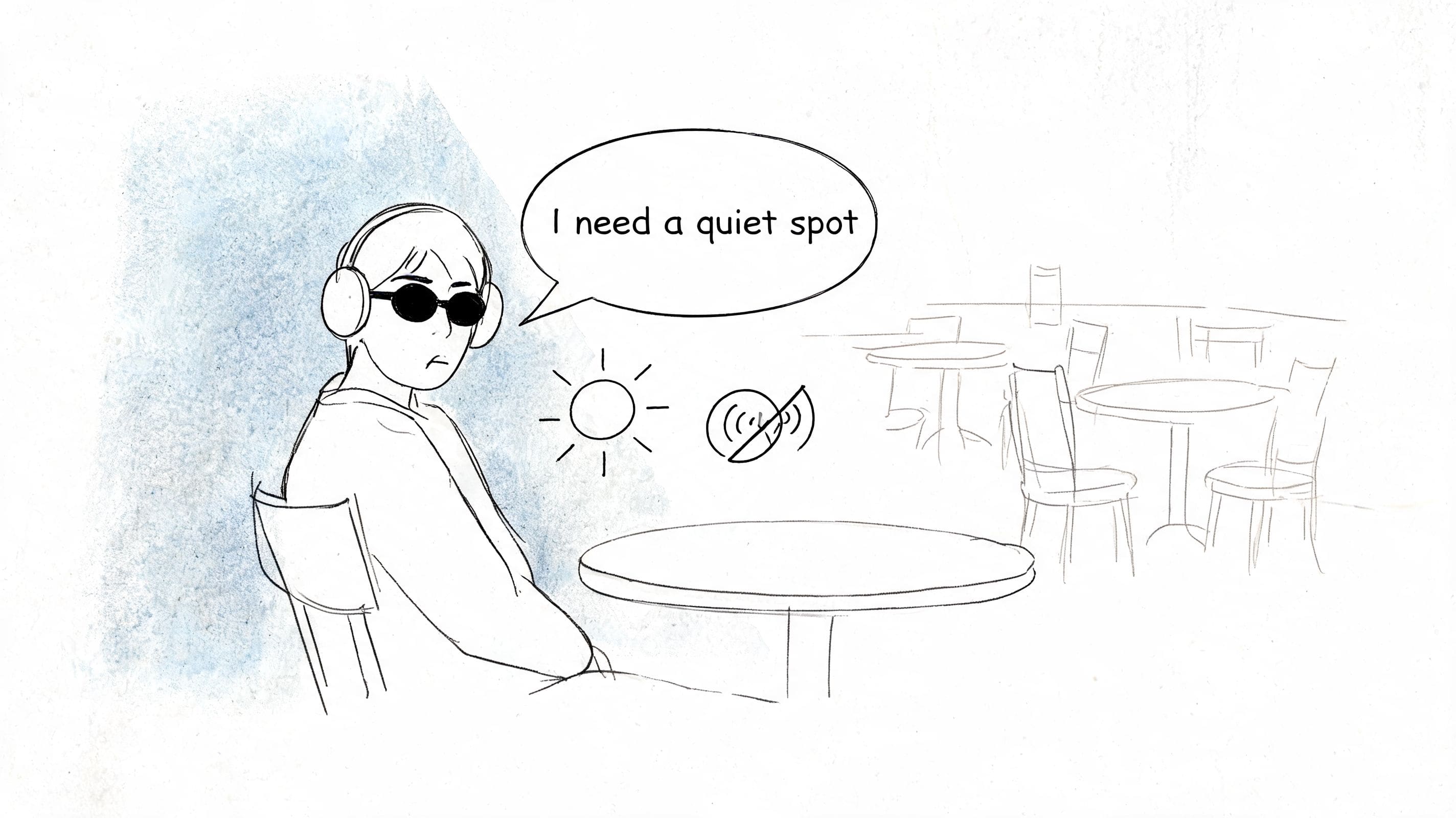 Person wearing sunglasses and headphones requesting a quiet space during social stress or disappointment