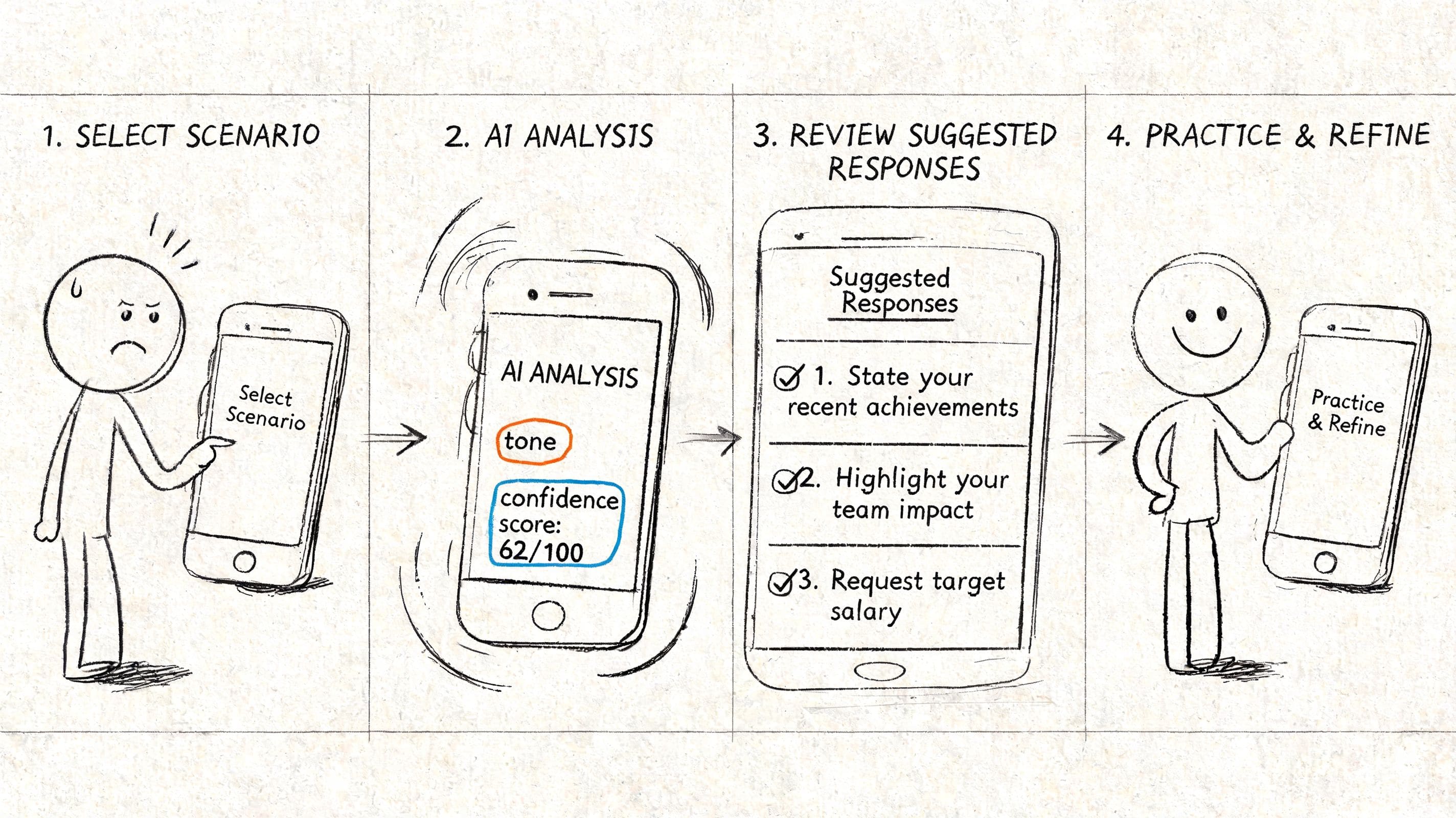Four-step workflow on iPhone for rehearsing what to say before professional or difficult work conversations