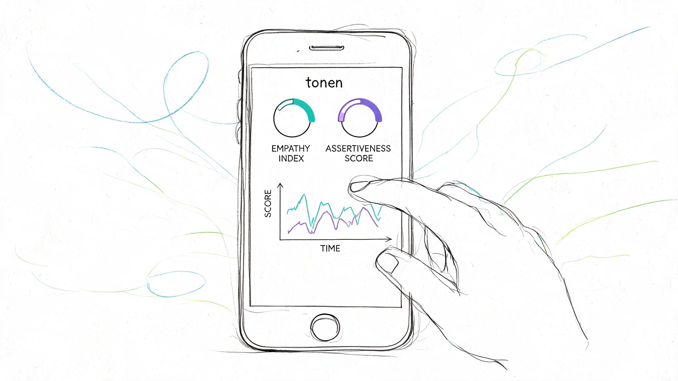 Hand using a smartphone app interface with tone and empathy feedback visualizations for communication practice