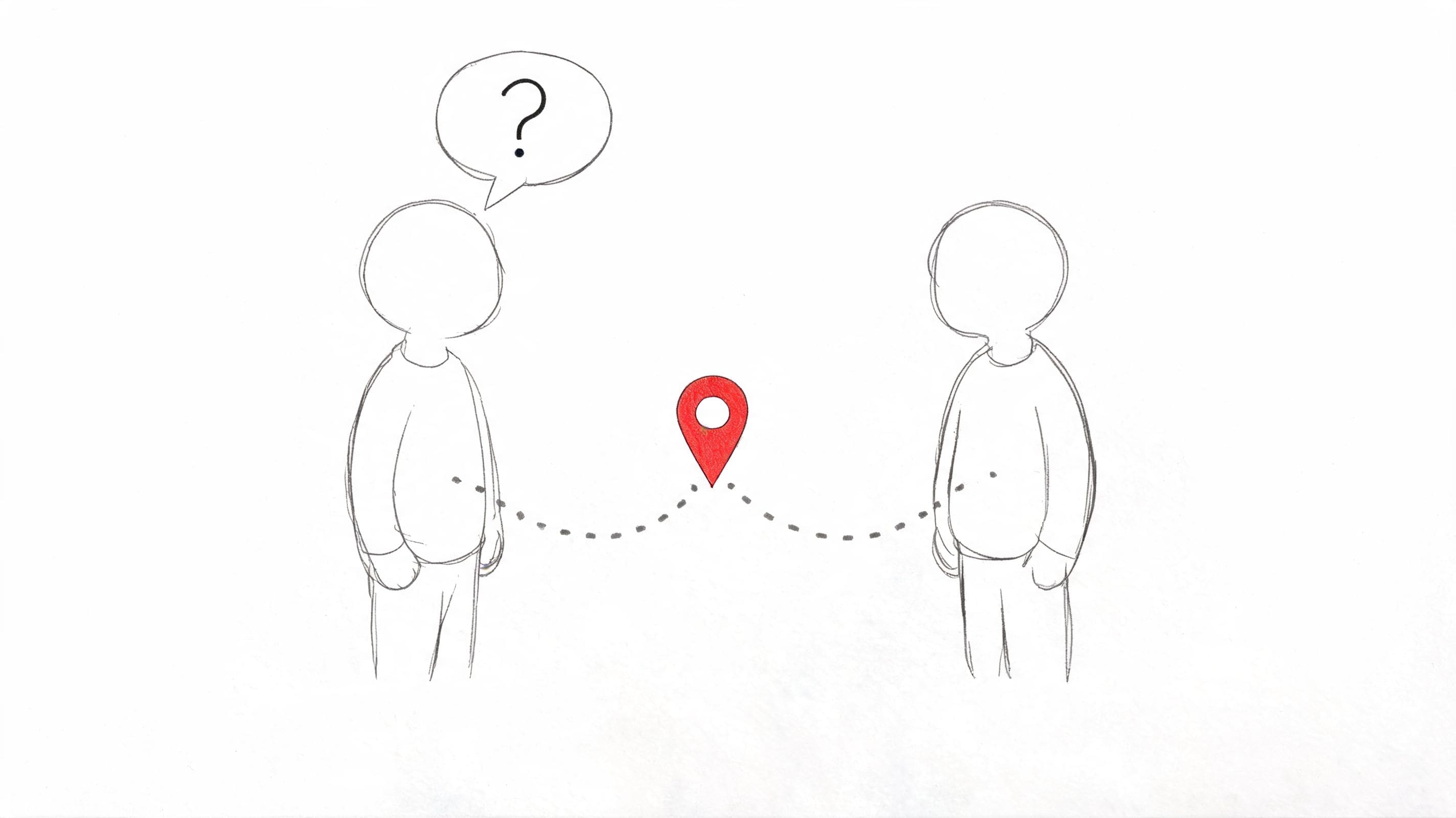 Hand-drawn illustration of two people networking with a location pin between them for a what brings you here opener
