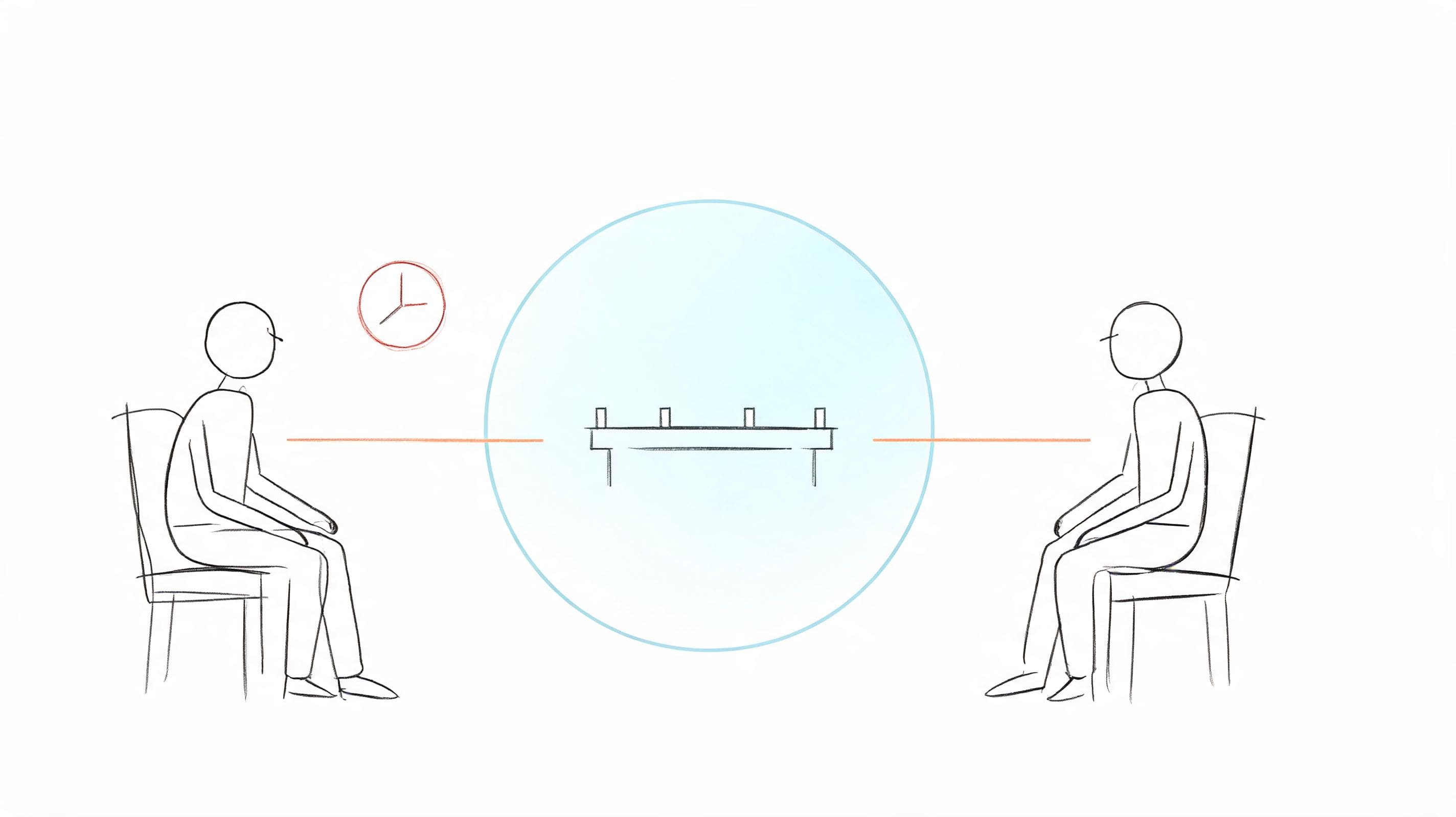 Sketch of two people seated across a small table having a structured compliment-plus-question networking conversation
