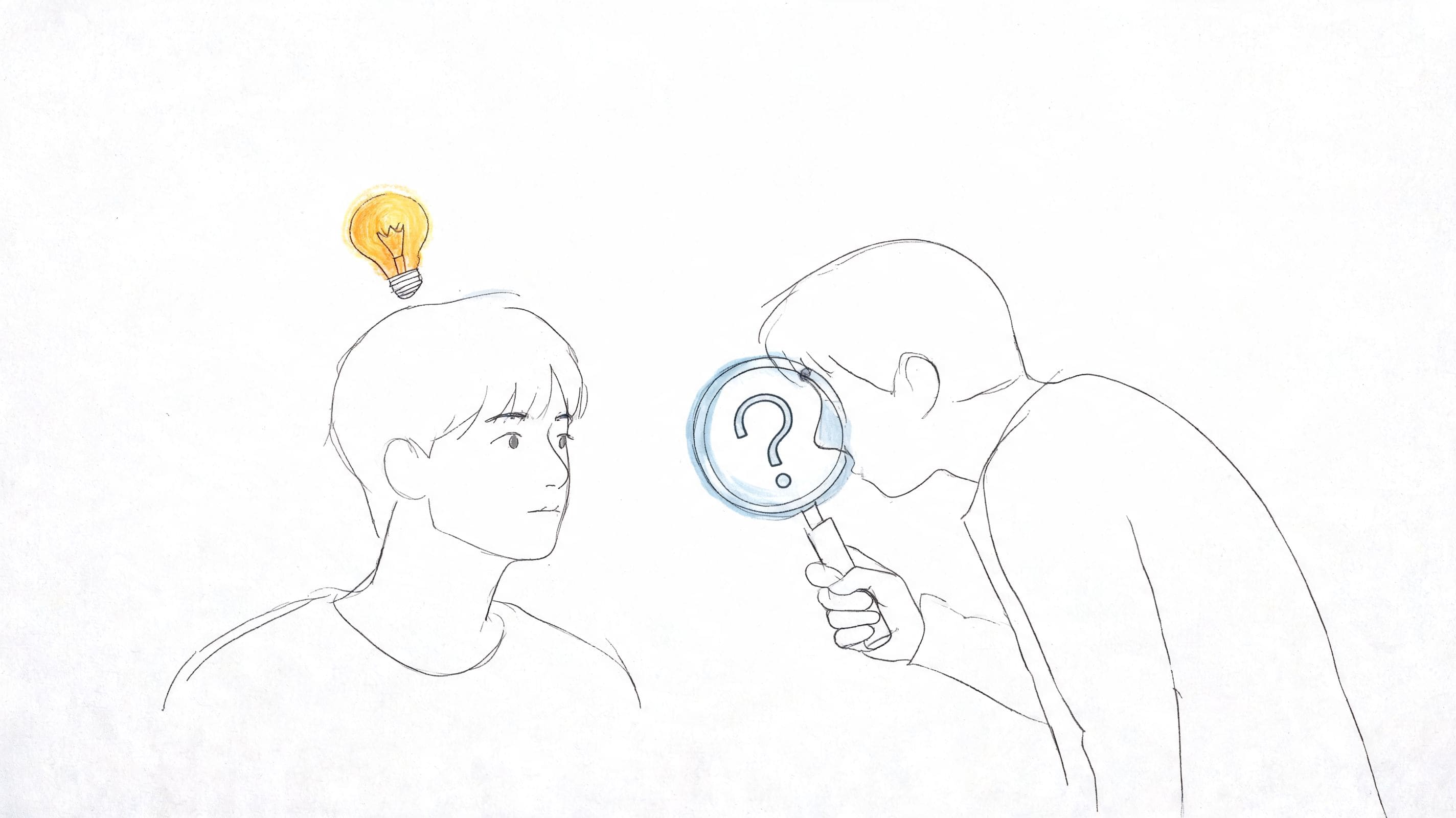 Illustration of curiosity and shared context with a lightbulb idea and magnifying glass for networking icebreakers