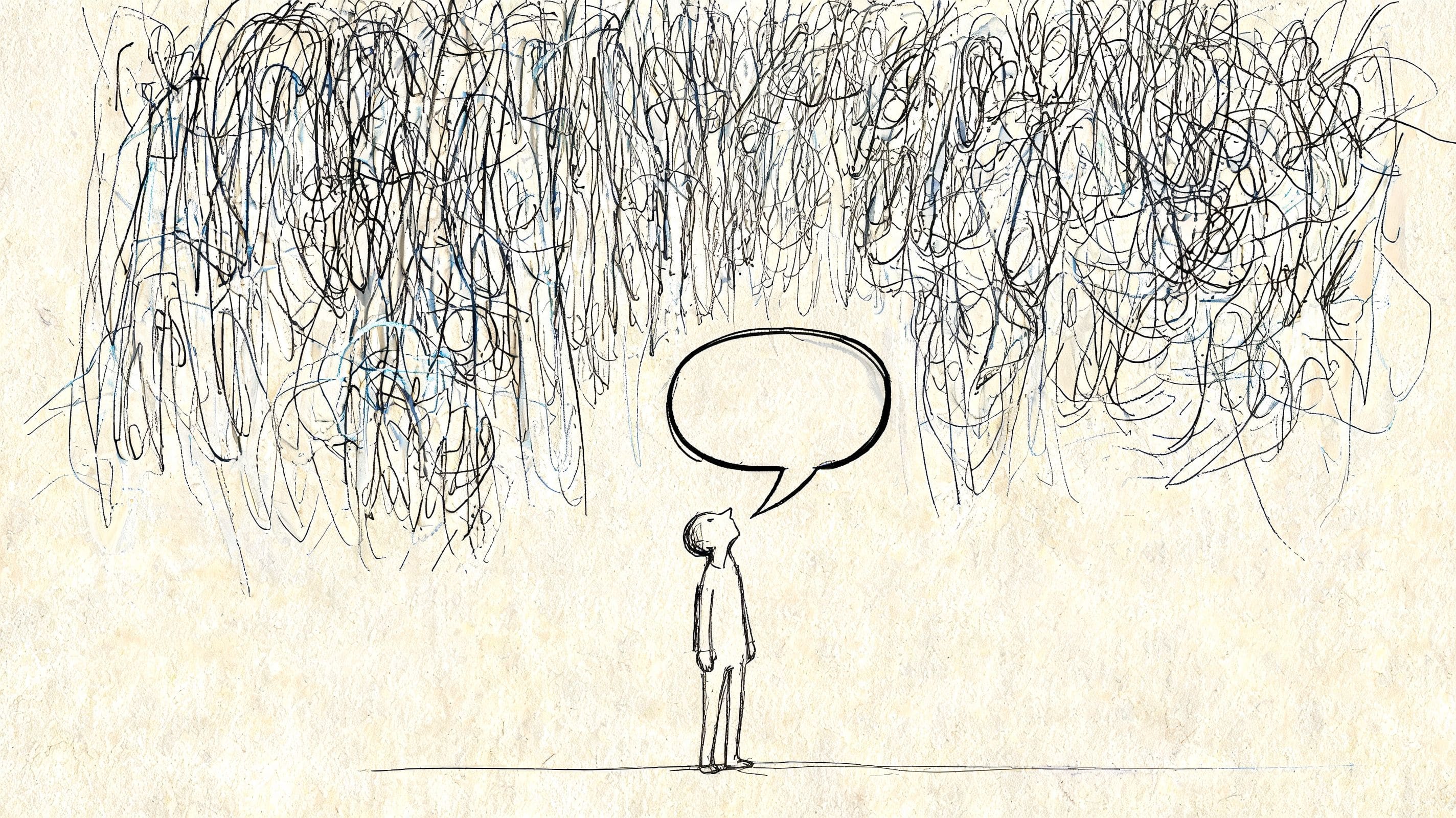 Sketch of a stressed person under chaotic scribbles with an empty speech bubble symbolizing mental overload before asking for help