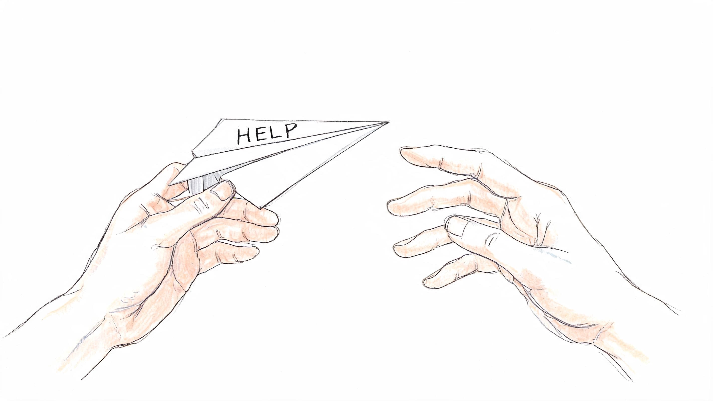 Illustration of hands passing a paper airplane labeled help representing a clear request for support