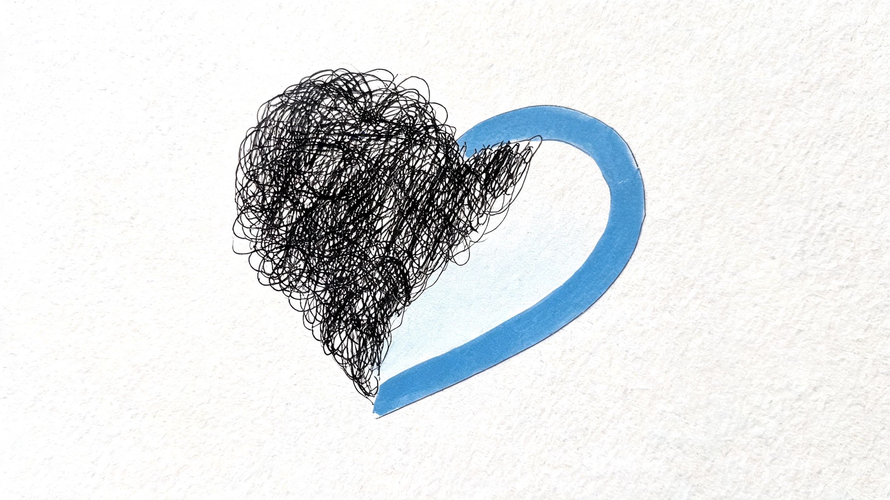 Artistic heart illustration half calm blue and half anxious scribbles representing emotional stress when asking for help