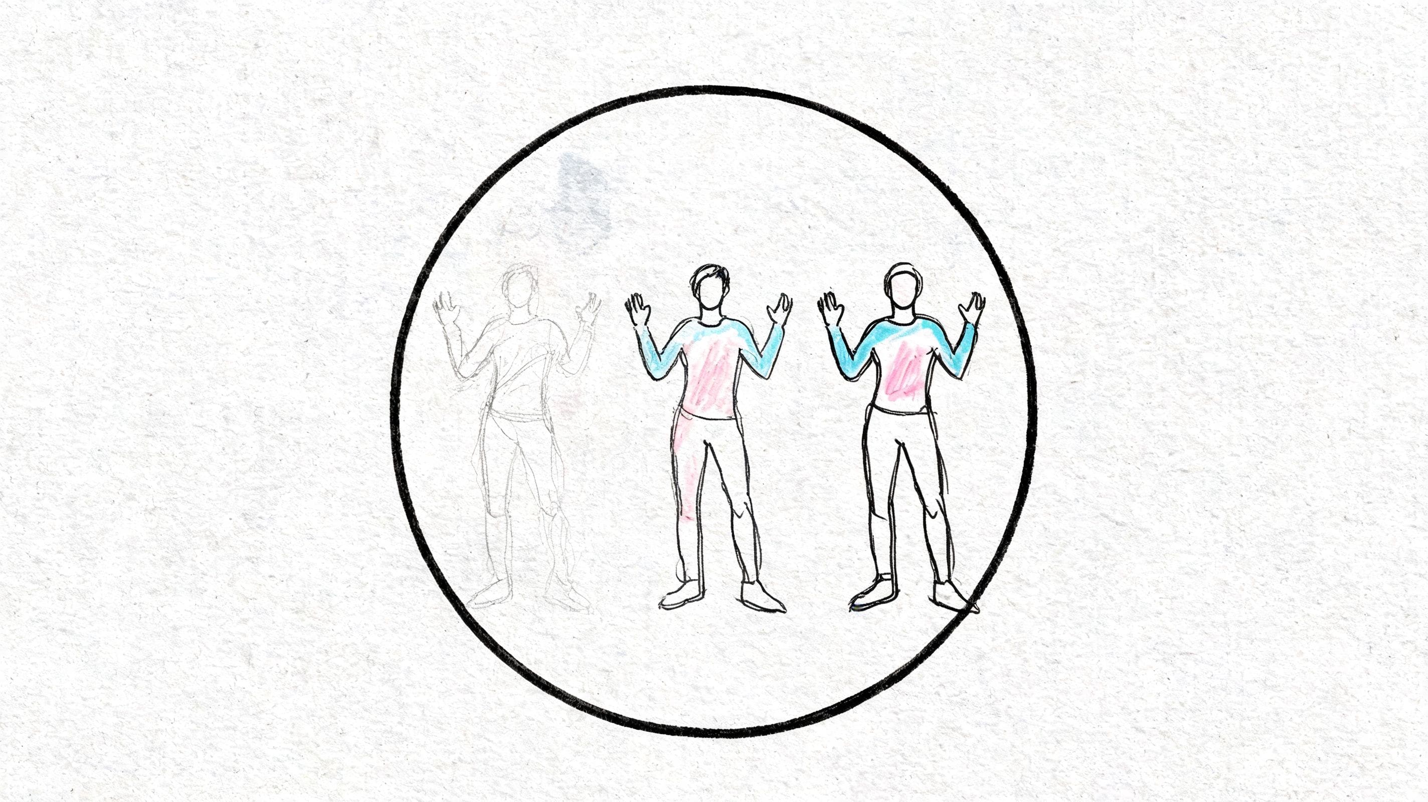 Pencil sketch of three figures in a circle showing movement toward clarity when practicing help-seeking skills
