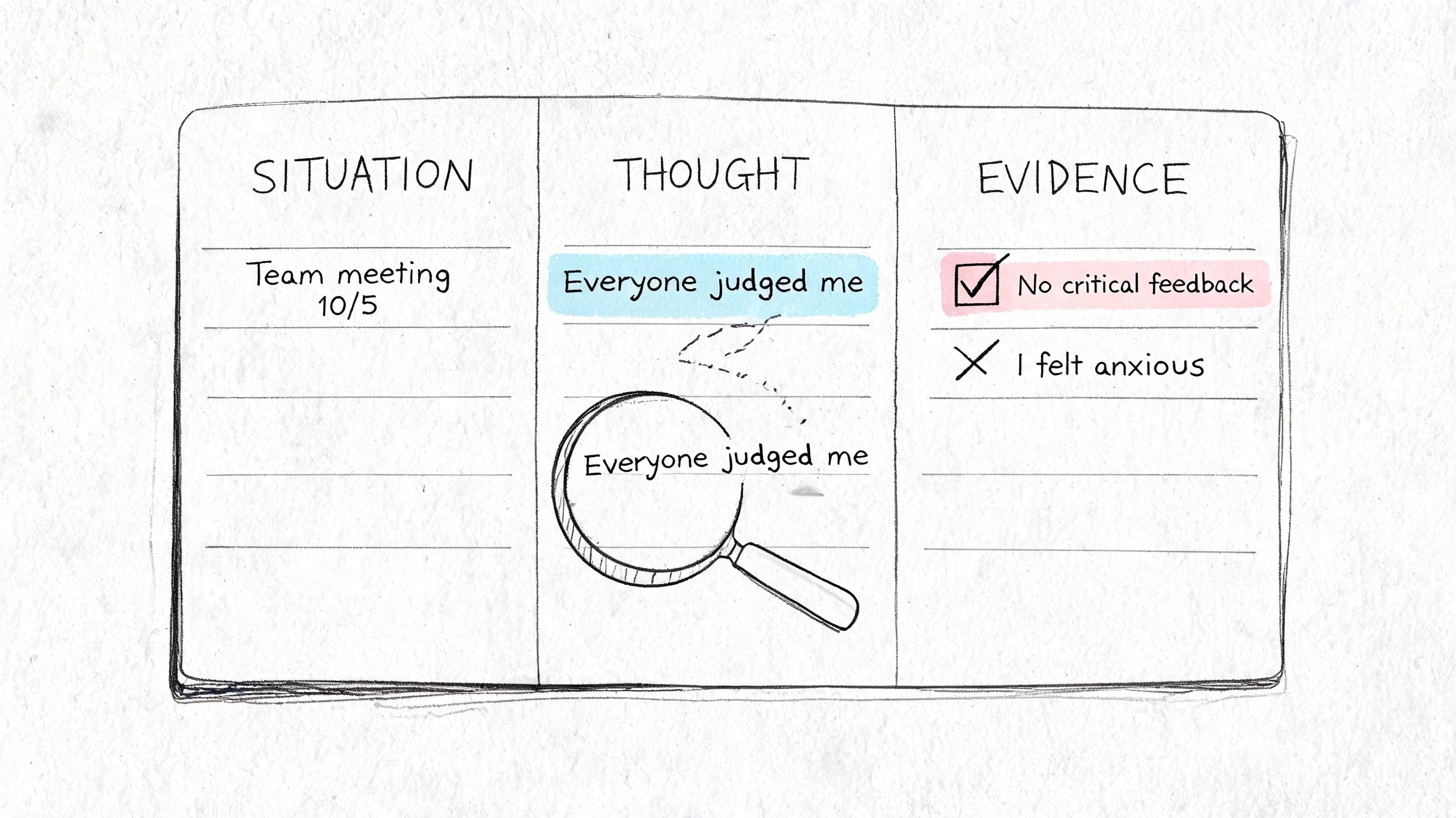 CBT-style worksheet layout for tracking situations, automatic thoughts, and evidence in social anxiety