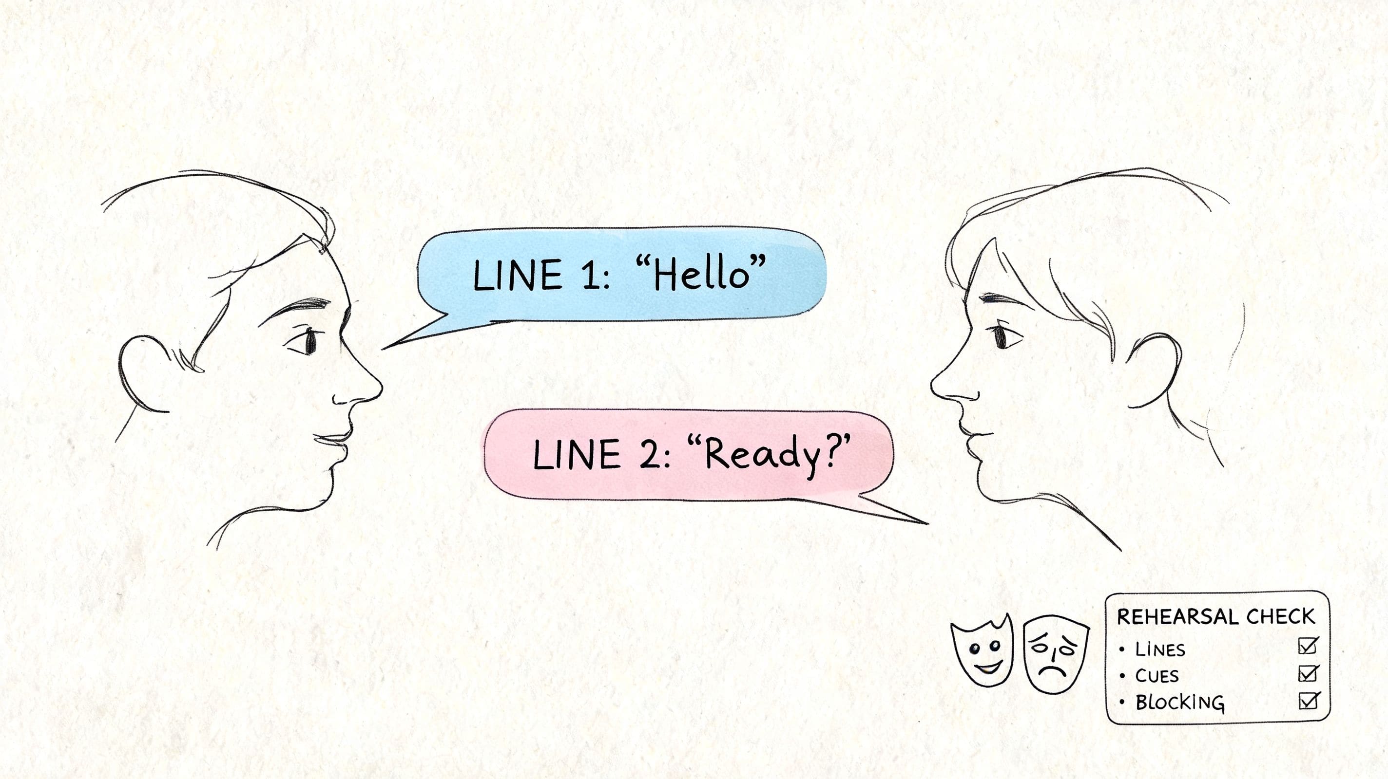Sketch of two people facing each other with speech bubbles symbolizing rehearsal and social skills practice