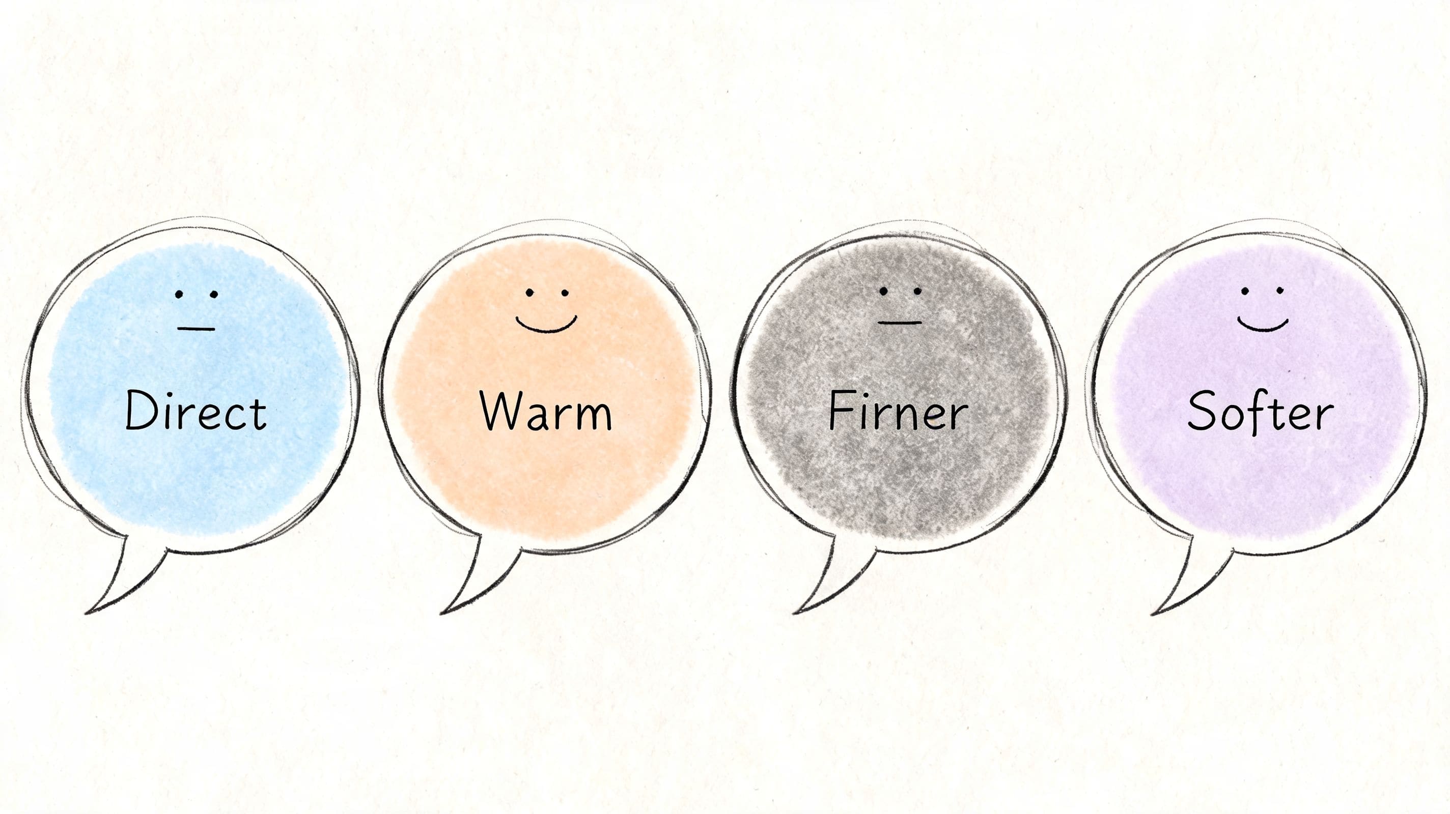 Illustration of speech bubbles labeled Direct Warm Firmer and Softer for tone choice in ADHD communication
